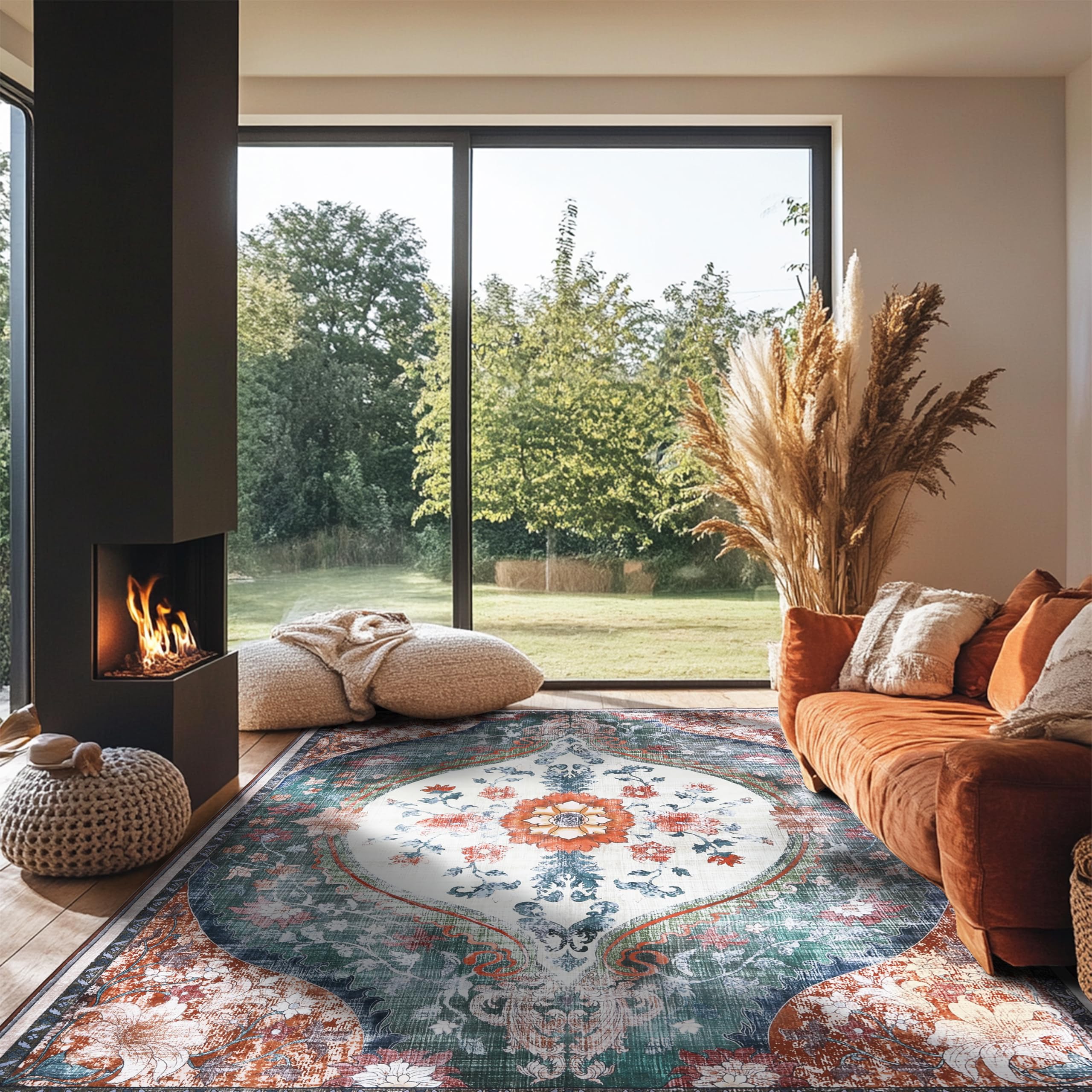 8x10ft Boho Washable Non-Slip Area Rug - Distressed Printed Carpet for Living Room, Dining Room, Bedroom & Playroom | Indoor Home Decor (Beige/Orange) | Perfect for Bohemian Style Homes & Cozy Spaces