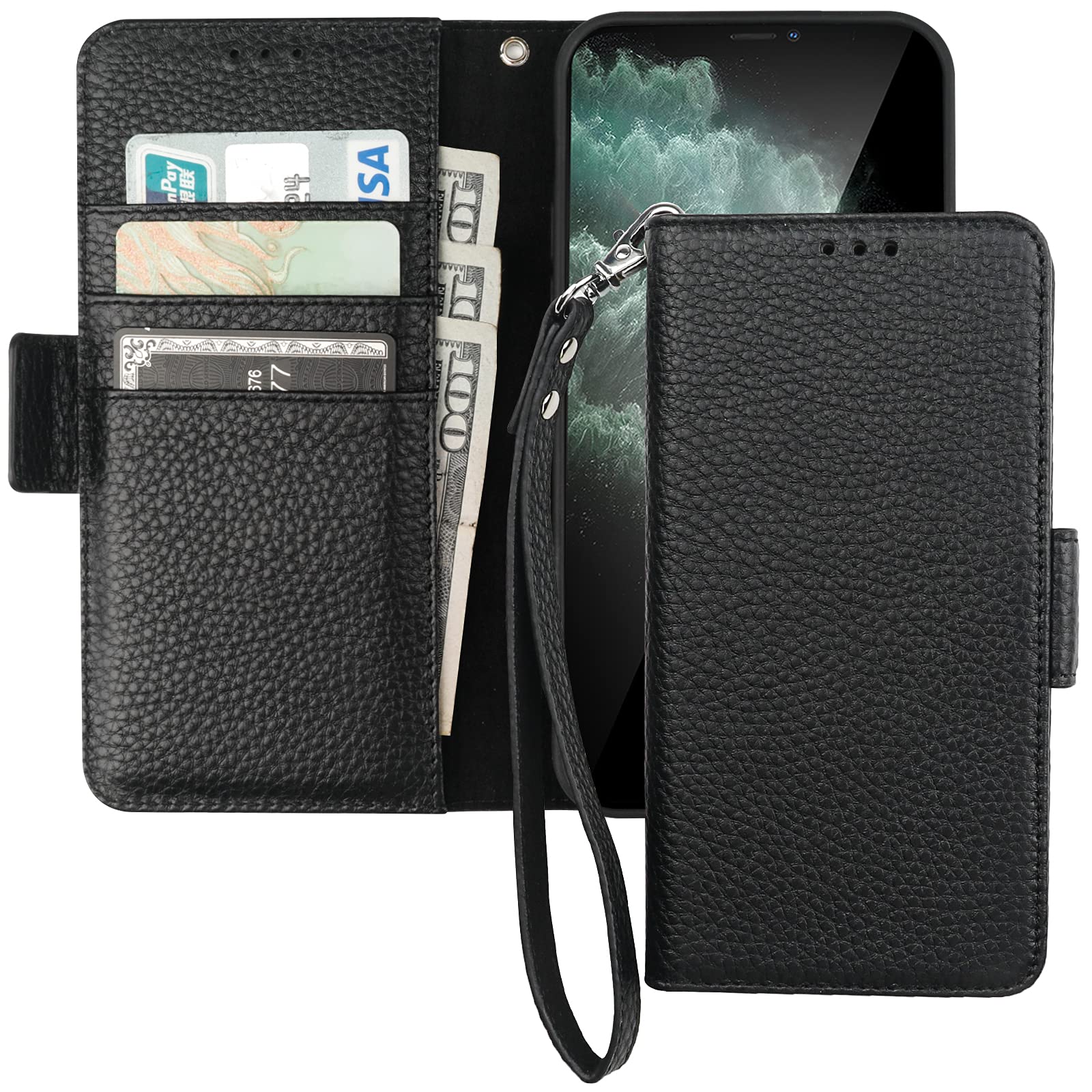Genuine Leather iPhone 11 Wallet Case with Wireless Charging & RFID Blocking - Flip Folio Cover with Card Slots, Kickstand & Wrist Strap for 6.1