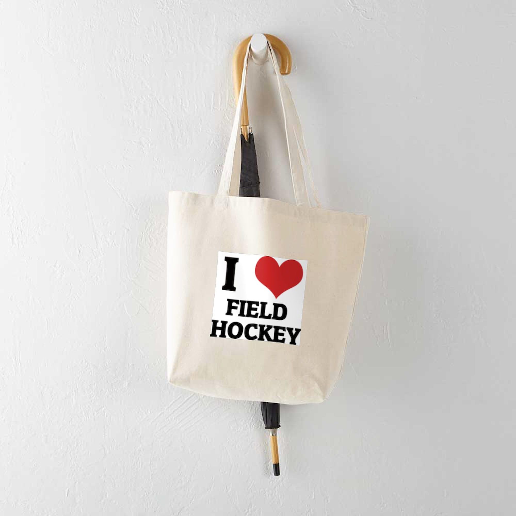 I Love Field Hockey Tote Bag - Natural Canvas Reusable Shopping Bag for Sports Fans, Gym & Grocery Use