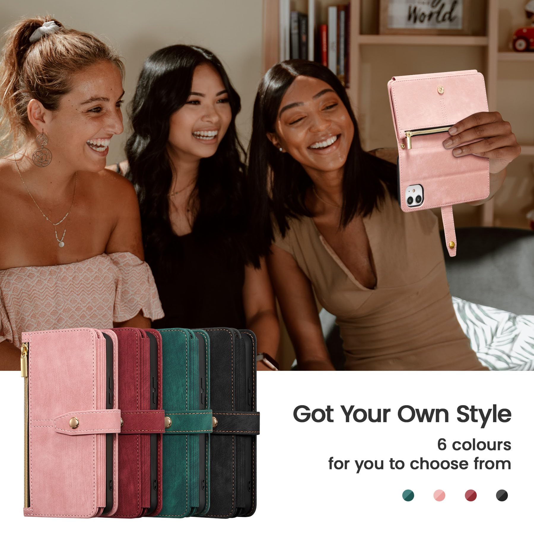 ZCDAYE Premium Leather Zipper Wallet Phone Case for iPhone 11 (6.1 inch) with Wrist Strap - Pink | Slim Flip Cover with Card Slots & Cash Pocket | Perfect for Everyday Use, Travel & Shopping