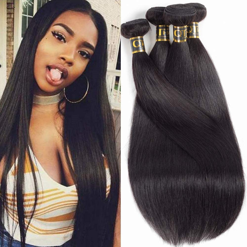QTHAIR 14A Virgin Indian Straight Human Hair Weave Bundles (18 20 22 24 Inch, 400g) 100% Unprocessed Natural Color Human Hair Extensions for Styling, Sew-in, and Everyday Wear