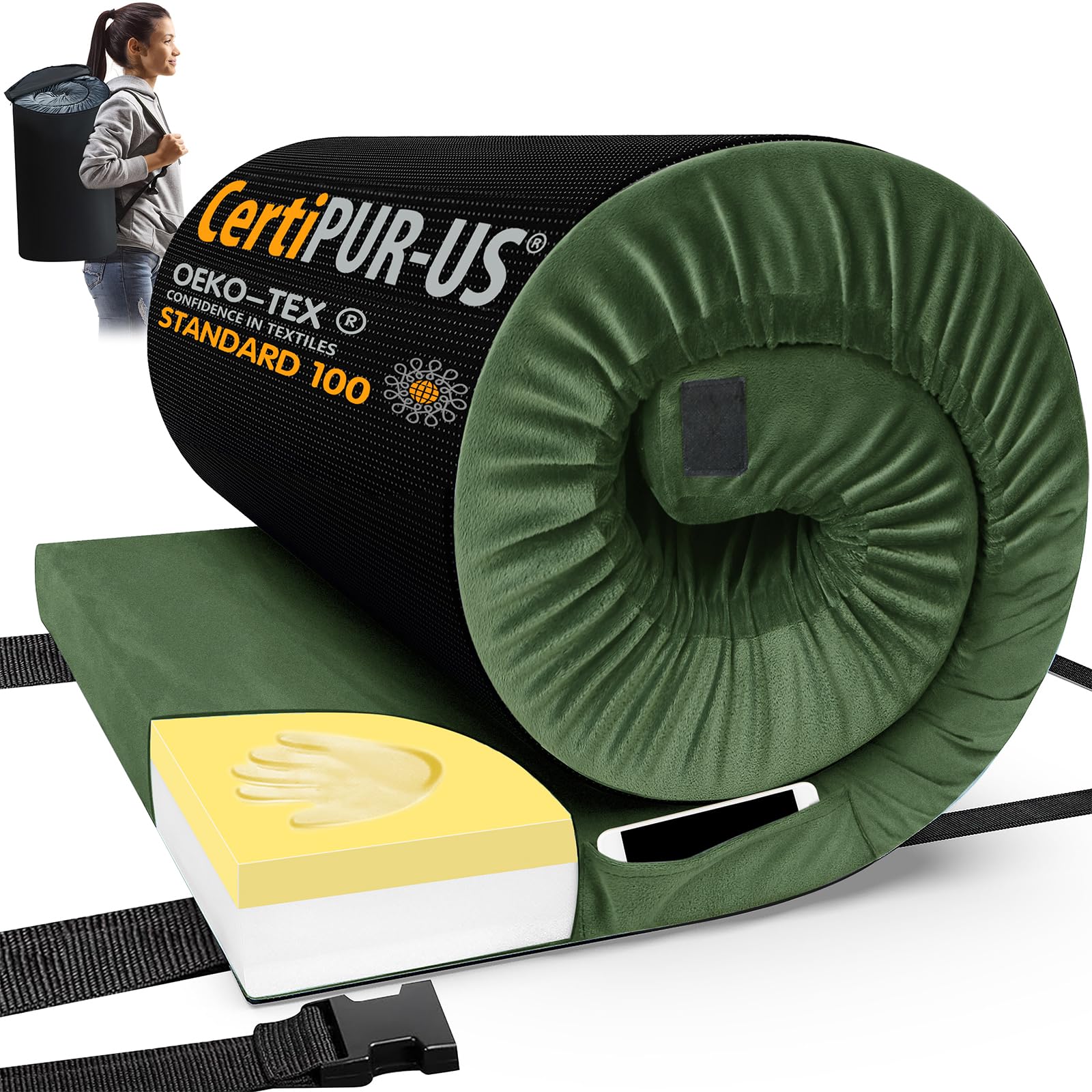 CYMULA Memory Foam Camping Mattress - Portable Roll Up Sleeping Pad for Adults | CertiPUR-US Certified | Perfect for Camping, Guest Beds, Travel & Car Sleeping | Includes Travel Storage Bag