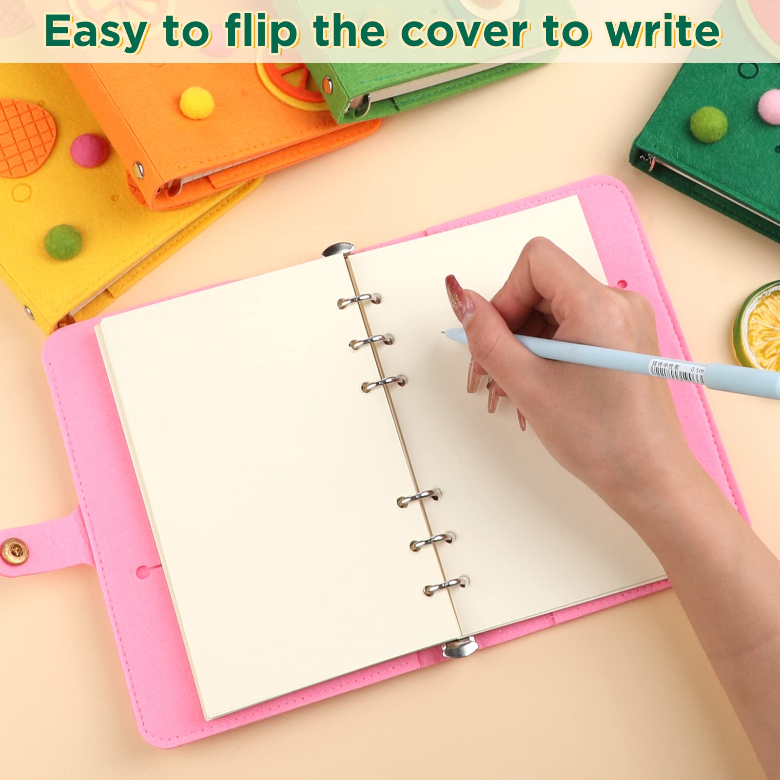 NEW Cute Strawberry A6 6-Ring Binder Notebook Cover with 80 Refill Papers - Soft Felt Refillable Planner Cover with Snap Button for Budget Diary, Journal & Organizer | Perfect for School, Office & Daily Planning