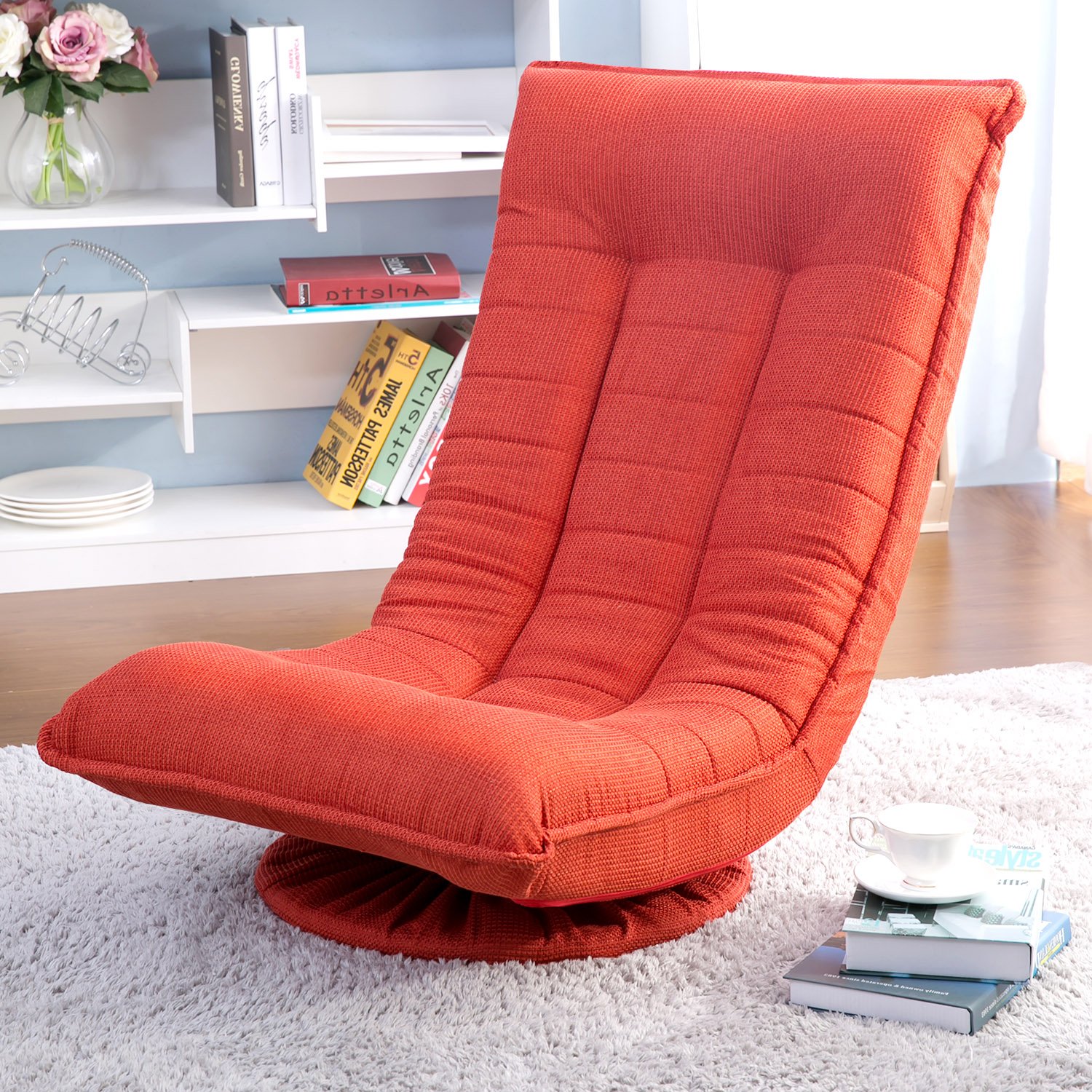 360° Swivel Adjustable Floor Gaming Chair - Foldable Sleeper Rocker for Adults, Video Game & Movie Watching (Orange Red) - Perfect for Living Room, Bedroom & Small Spaces