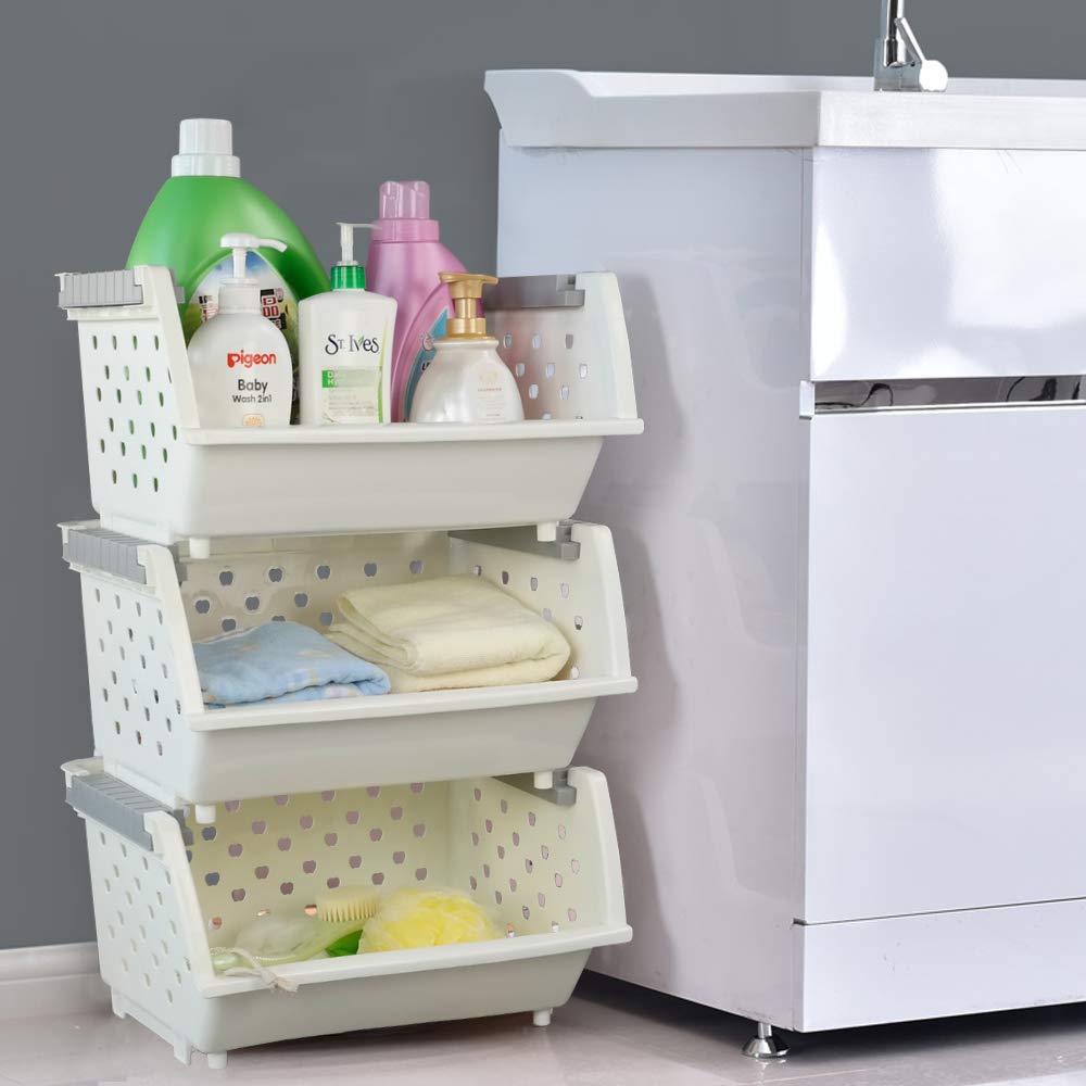 Fiaze 3-Pack White Plastic Stackable Kitchen Storage Baskets & Bins with Open Front - Perfect for Pantry Organization, Cabinet Storage, and Home Decluttering