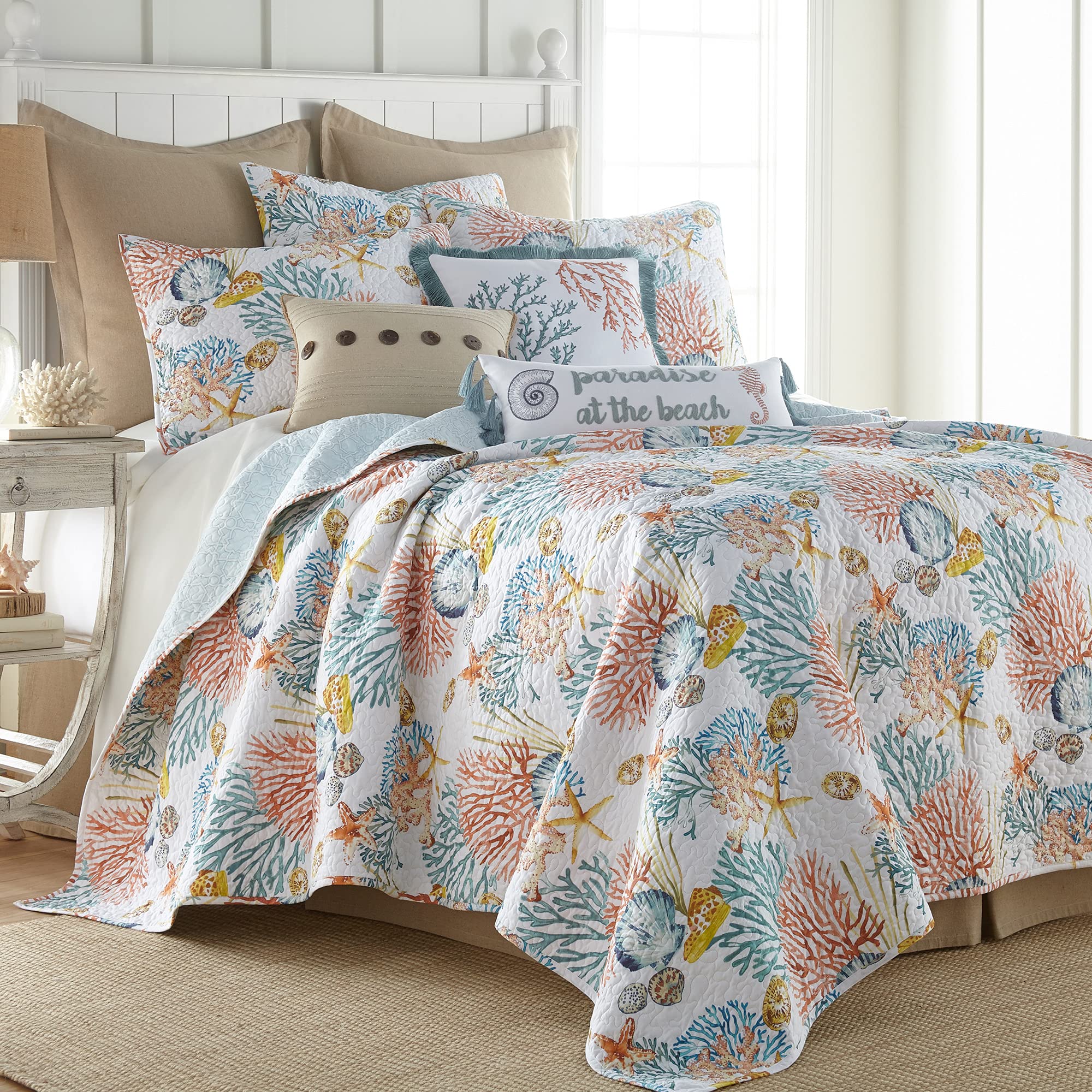 Levtex Home Bay Islands Reversible Quilt Set - Twin/Twin XL Size (68x86in) with 1 Standard Pillow Sham (26x20in) - Coral, Teal, Gold & Taupe Cotton Bedding - Perfect for Guest Rooms, Beach Houses & Coastal Decor