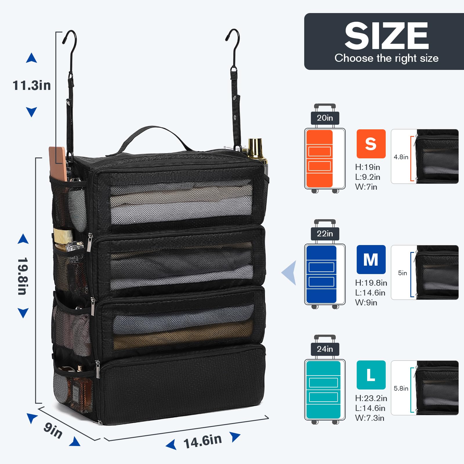 Best Hanging Suitcase Organizer - Collapsible Packing Cubes for Travel, Portable Carry-On Luggage Organizer with Stow-N-Go Shelves (Medium, Black) - Perfect for Business Trips, Vacations & Closet Organization