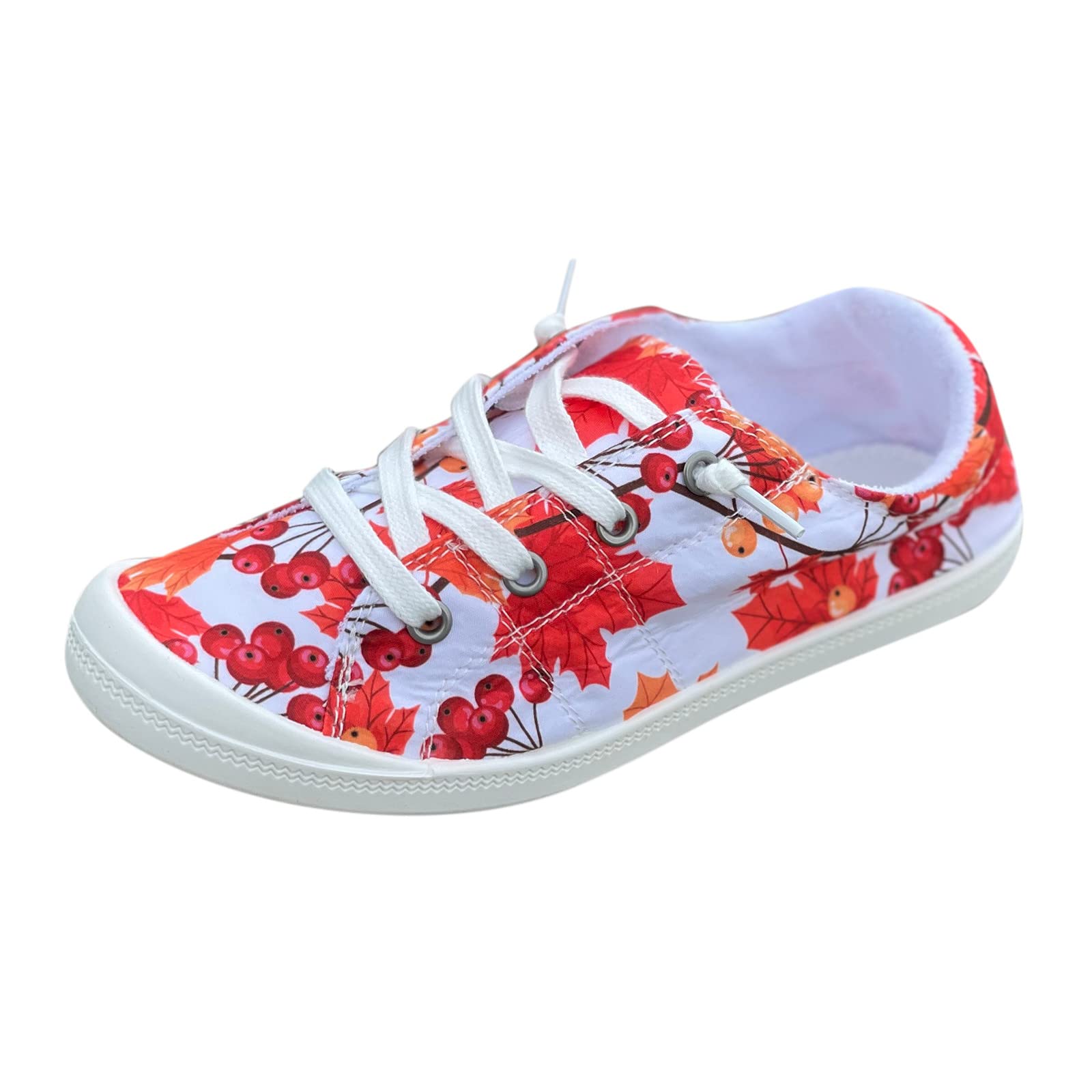 Women's Maple Leaf Pumpkin Pattern Slip-On Sneakers - Soft Sole Low Top Casual Shoes with Massage Comfort for Walking, Work & Everyday Wear