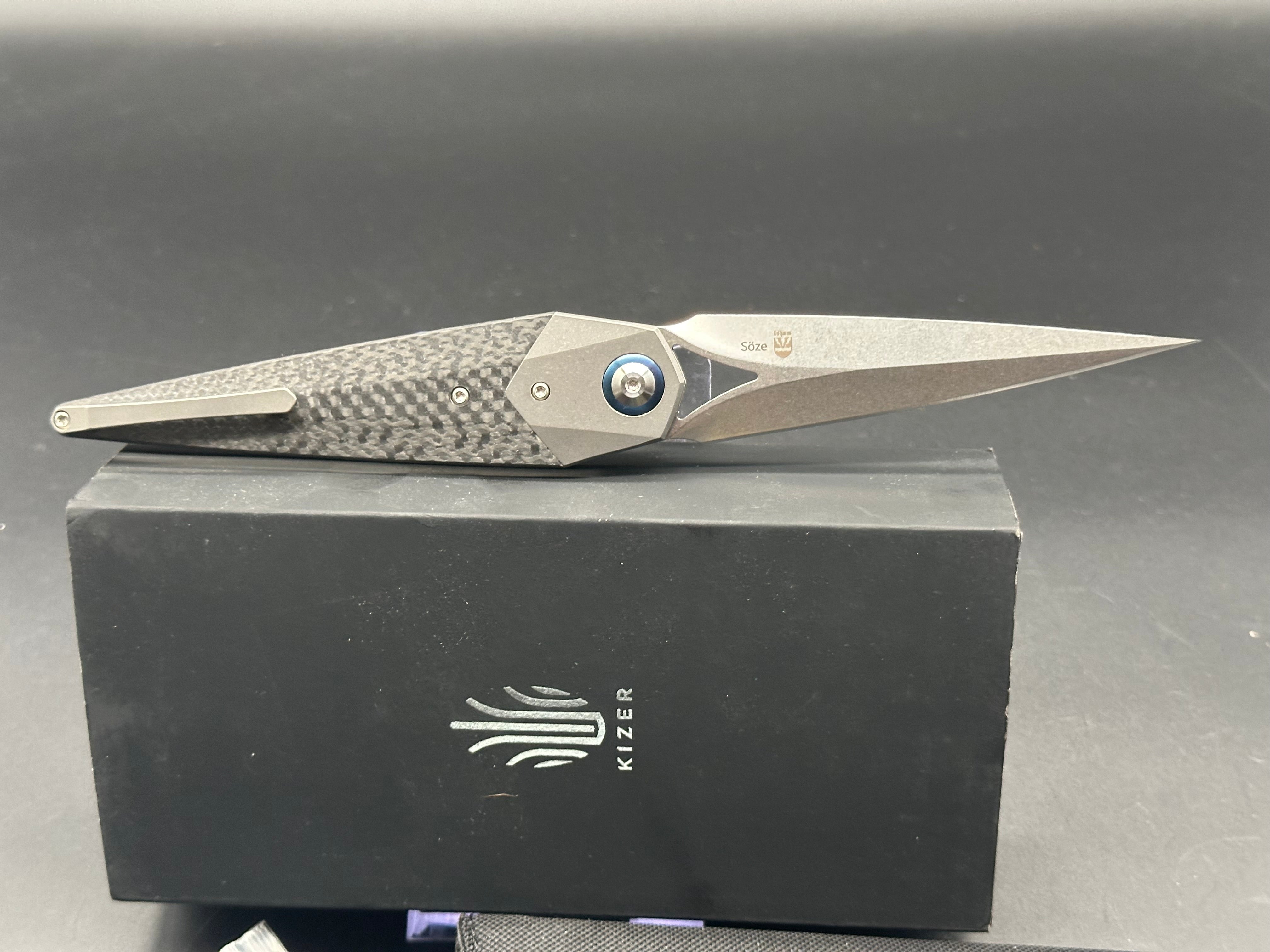 Kizer Soze Grey Titanium Frame & Bolster Folding Knife with Carbon Fiber Handle - S35VN Dagger Satin Blade - EDC, Outdoor, Camping, Survival, Tactical Gear