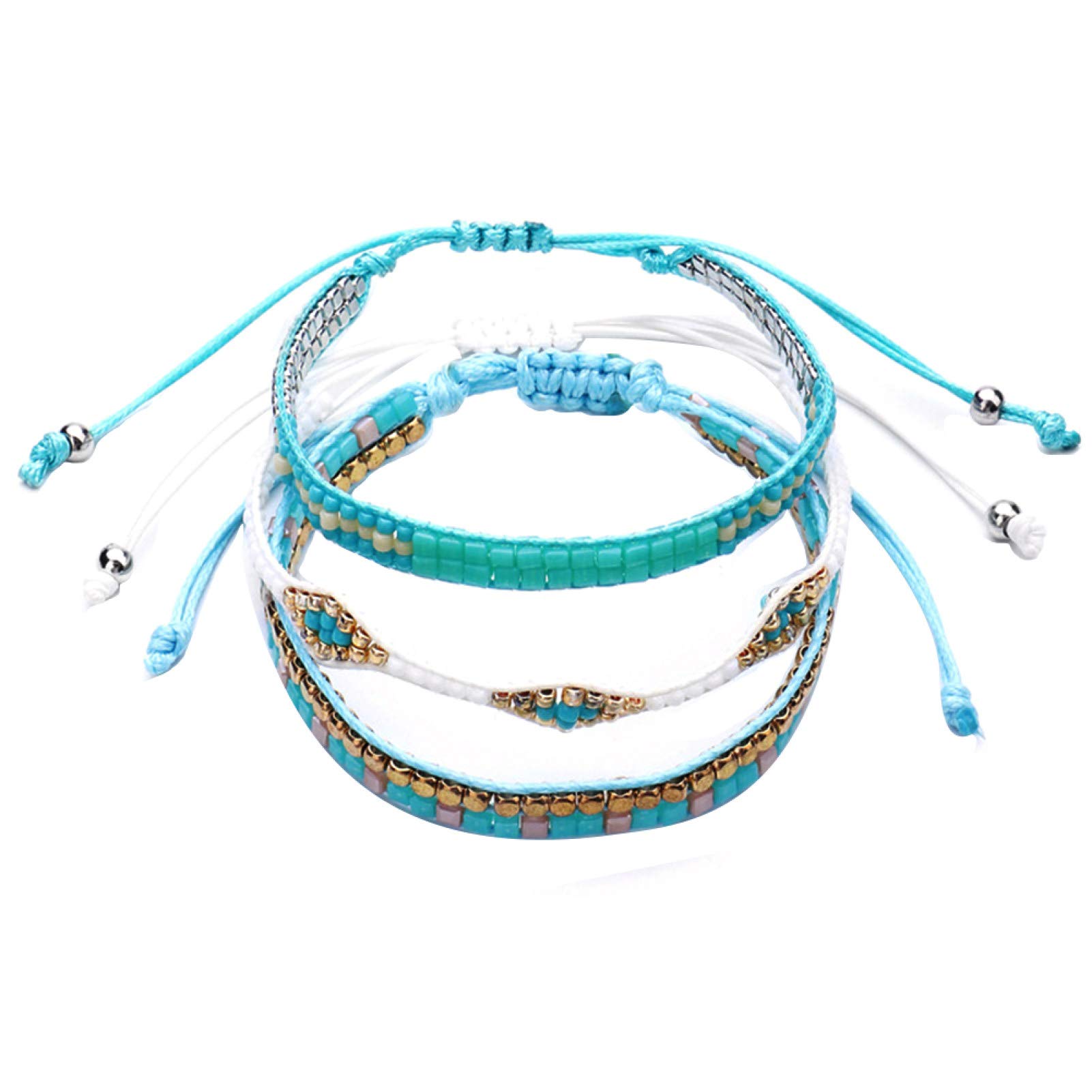 3Pcs Boho Women's Cube Beaded Wax Rope Woven Bracelet Set - Blue Handmade Beach Jewelry Gift for Summer Vacation & Festival Accessories