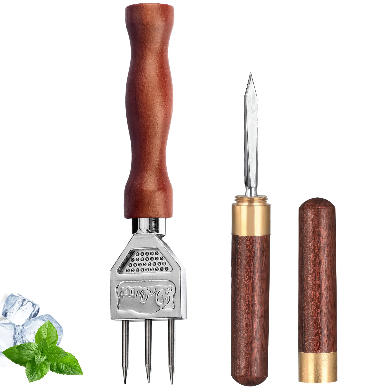 Premium Stainless Steel Ice Pick Set of 2 - Non-Slip Wooden Handle for Easy Grip - Ideal for Kitchen, Bars, Bartenders & Freezer Use - 7.2 Inch Professional Ice Tools for Cocktails & Food Preparation