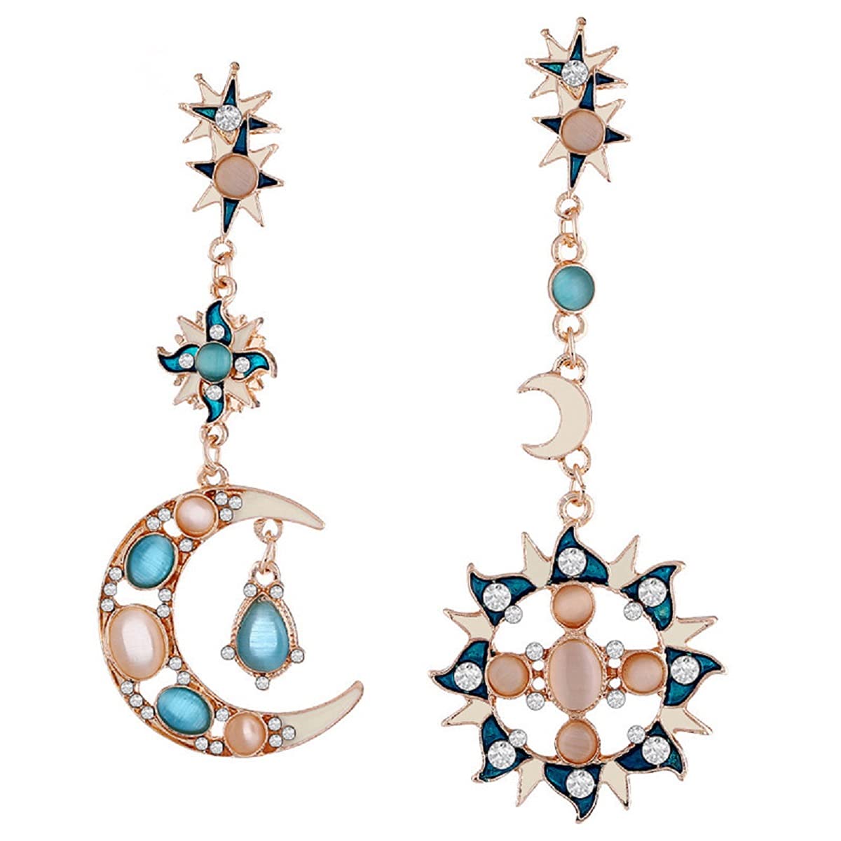Celestial Boho Moon and Sun Drop Dangle Earrings - Rhinestone Crystal Moonstone Crescent Star Long Stud Earrings for Women | Perfect for Christmas Gifts, Boho Fashion & Festival Jewelry
