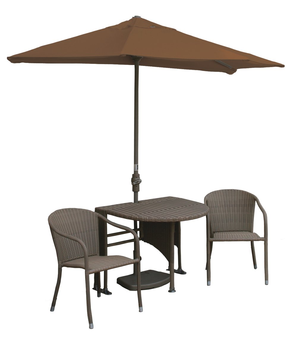 Genevieve All-Weather Wicker Coffee Table Set with 9' Teak Sunbrella Canopy - Outdoor Patio Furniture for Garden, Poolside & Terrace Use