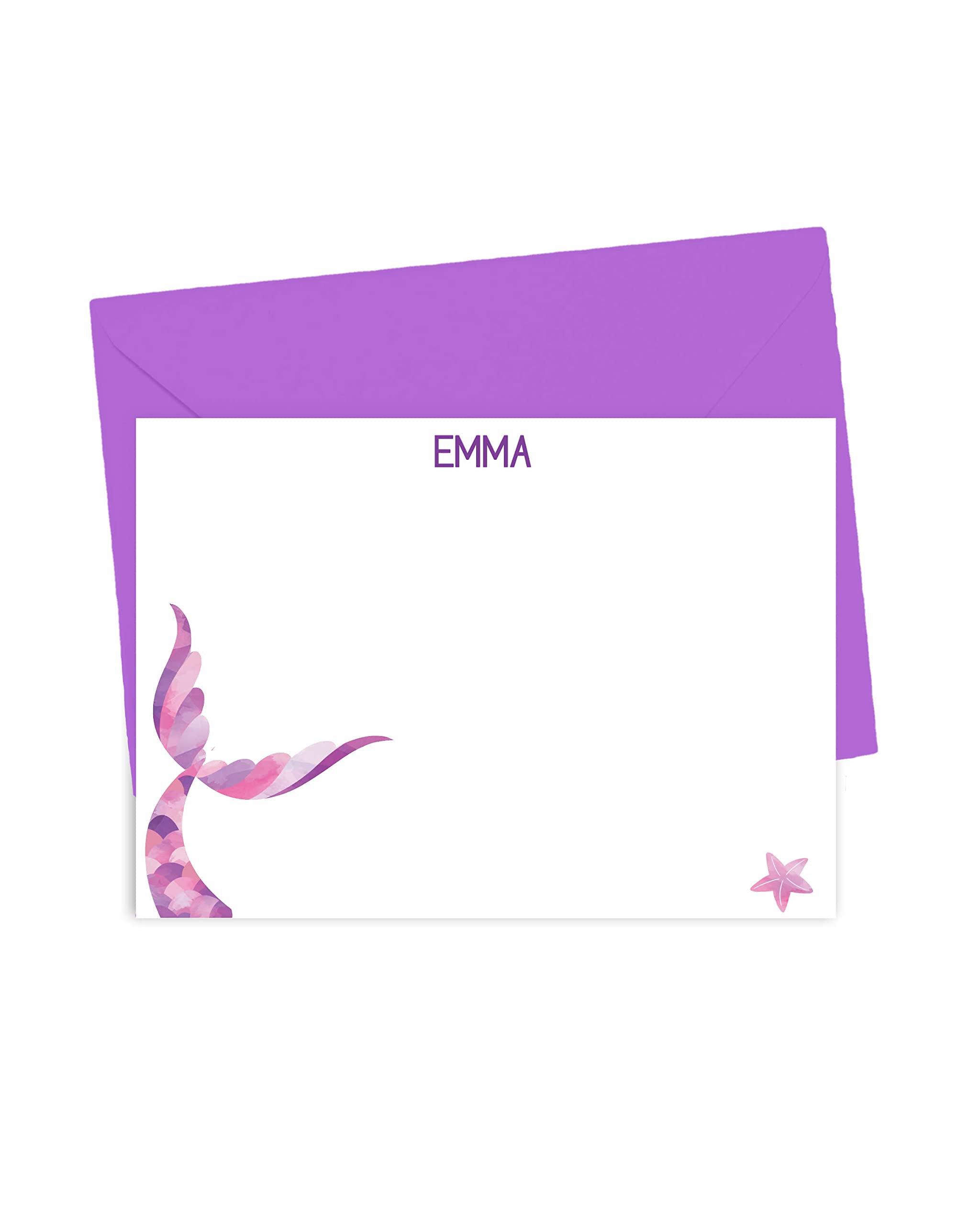 Personalized Mermaid Tail Stationery Set for Girls - Custom Name Note Cards with Envelopes | Kids' Blue & Green Mermaid-Themed Flat Cards (10-Pack) | Perfect for Birthday Invitations, Thank You Notes & Creative Writing