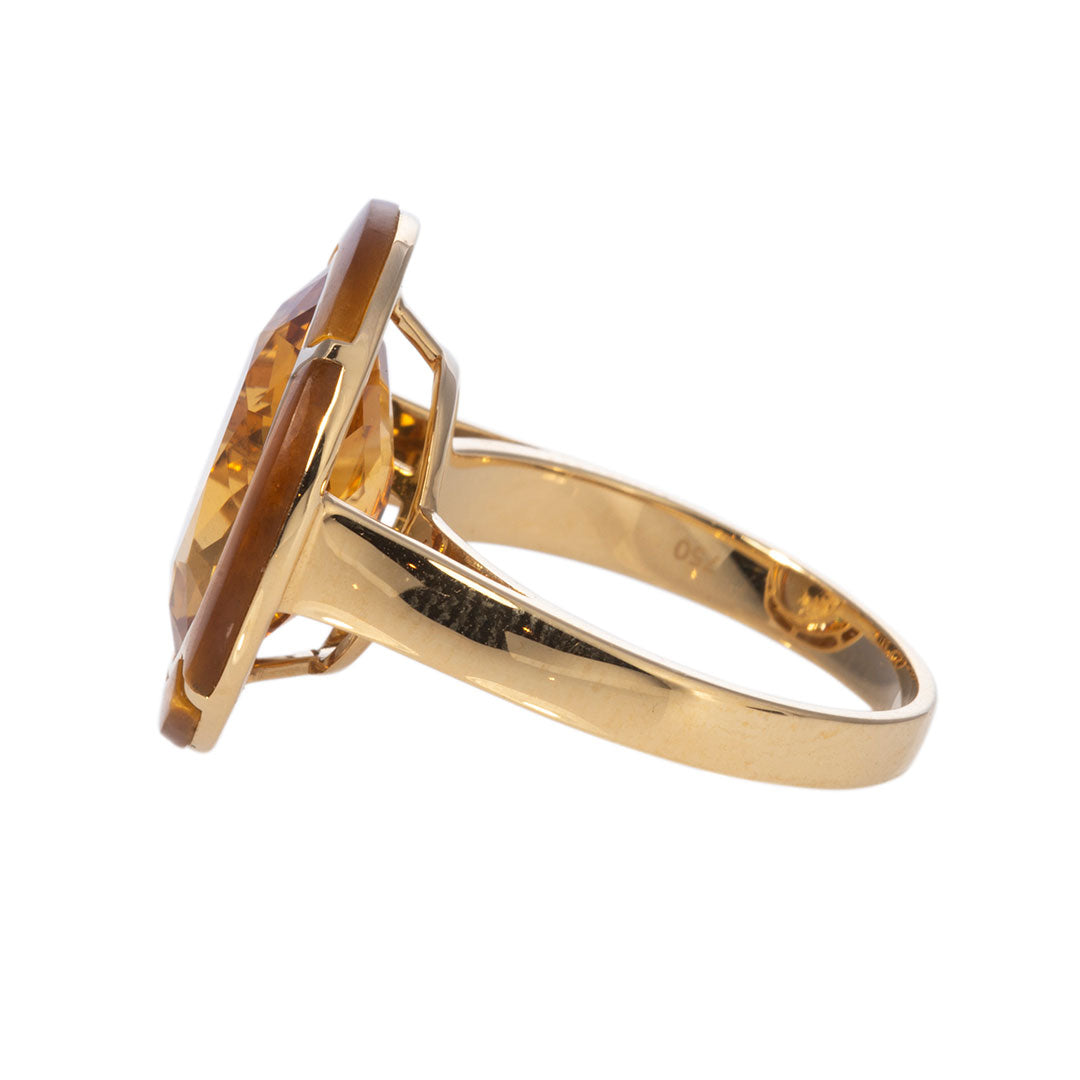 Goshwara 18K Gold Ring with Oval Citrine & Tiger's Eye Inlay – Elegant Jewelry for Women, Perfect for Weddings, Parties & Special Occasions
