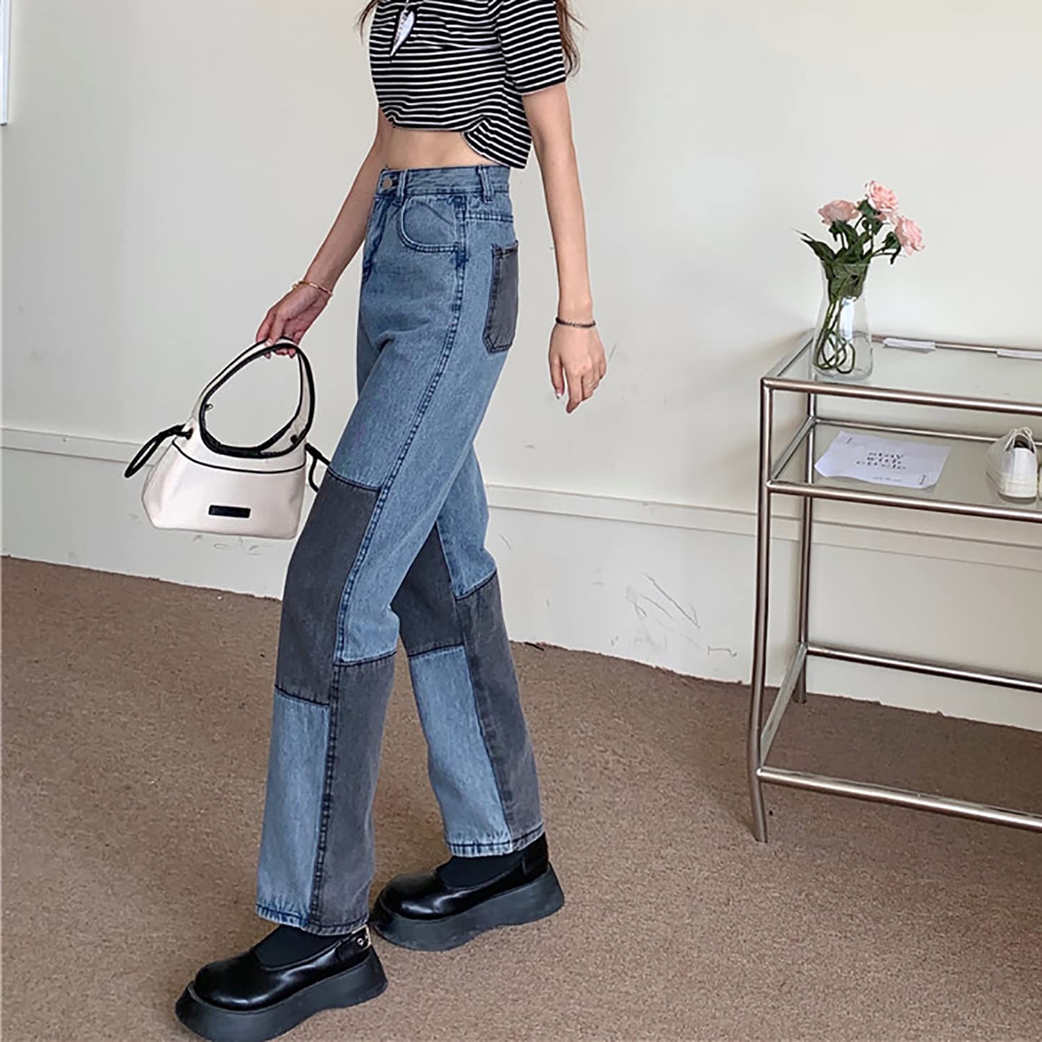Women's High Waisted Color Block Jeans - Stretch Straight Leg Denim Pants with Patchwork Design | Trendy Casual & Office Wear for Women and Girls