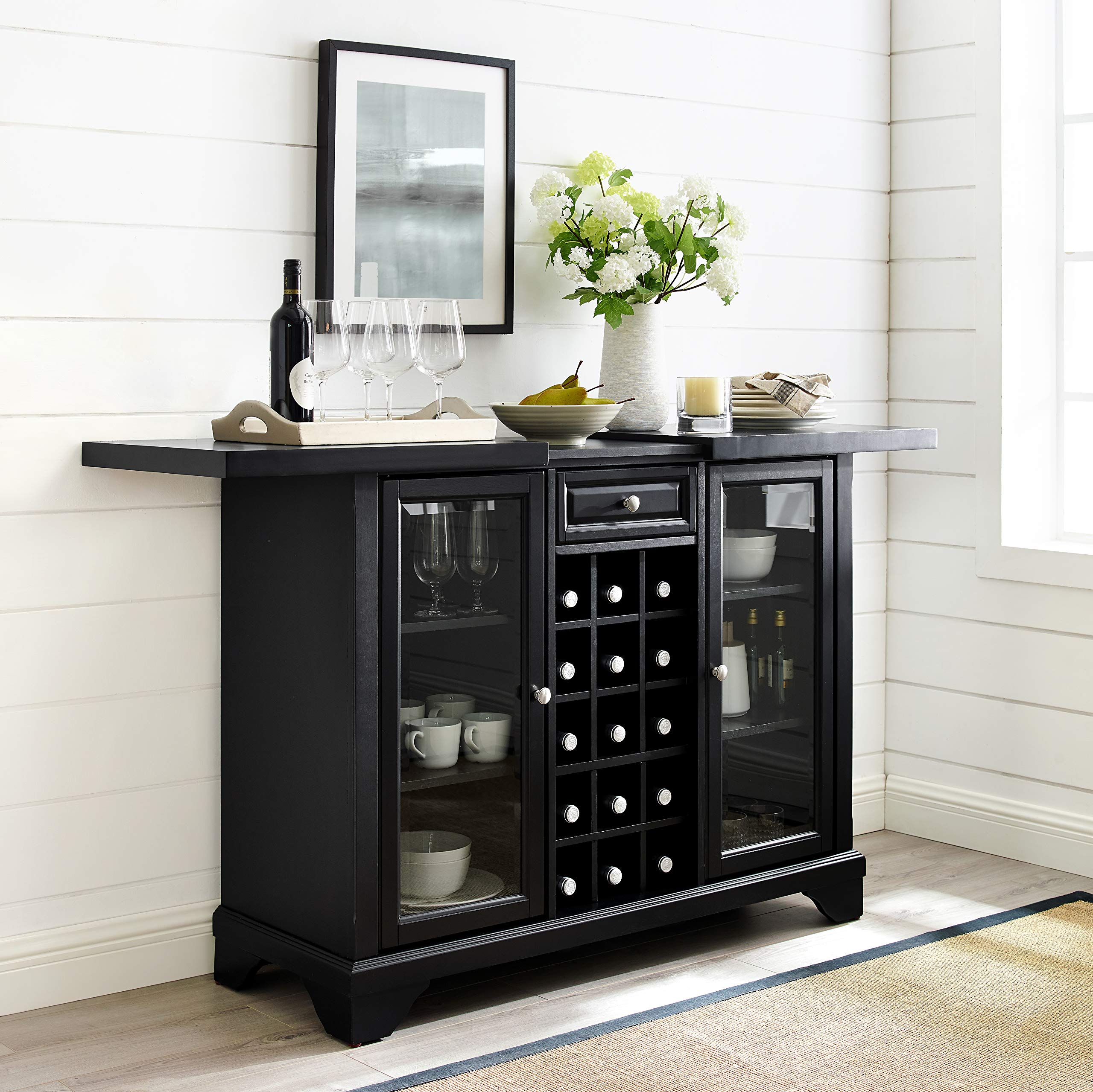 Crosley Lafayette Sliding Top Bar Cabinet with Storage Shelves, Drawer & Wine Rack - Black | Home Bar Furniture for Living Room, Dining Room & Entertainment Spaces