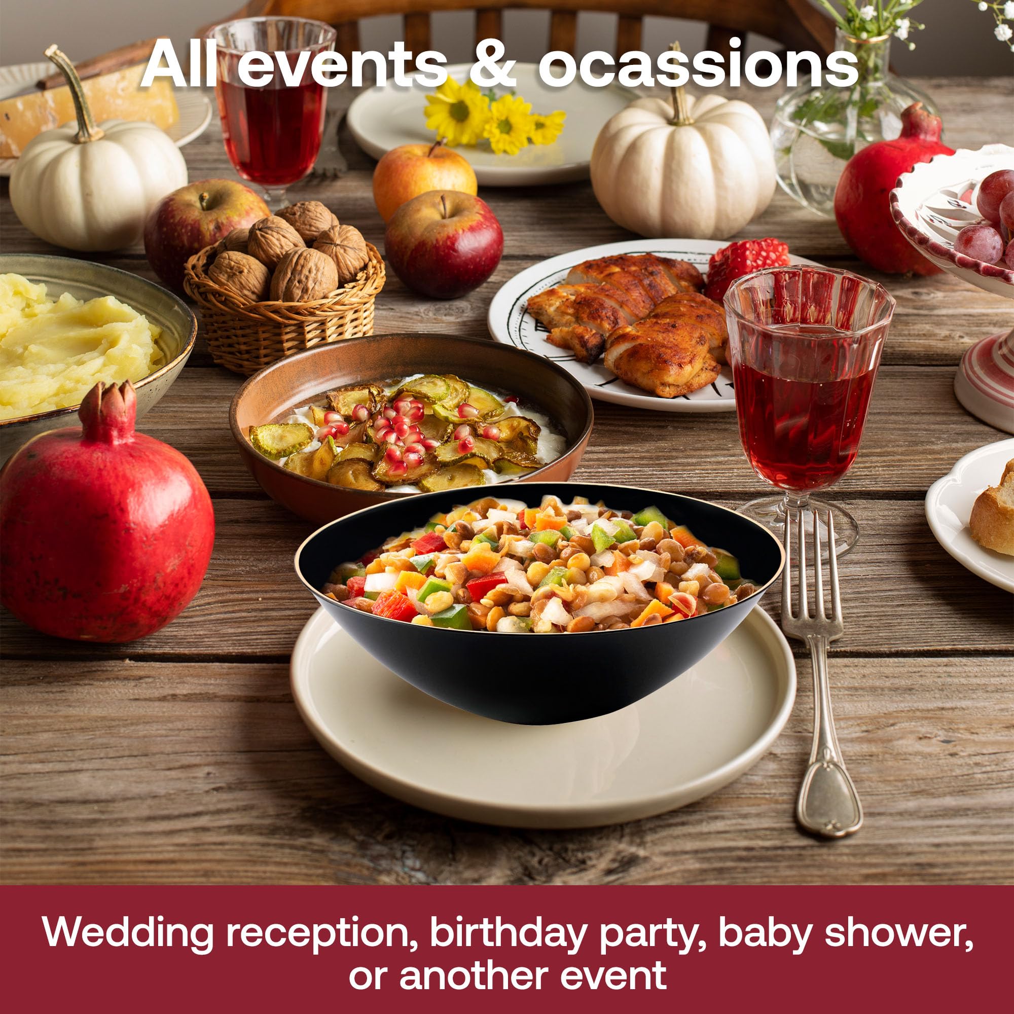 Smarty Had A Party 120 Disposable Plastic Plates with Elegant Rim Design, 16 oz Black & Gold Soup Bowls - Round Dinnerware Set for Weddings, Birthdays, Parties & Special Occasions | Perfect for Catering, Events & Home Entertaining