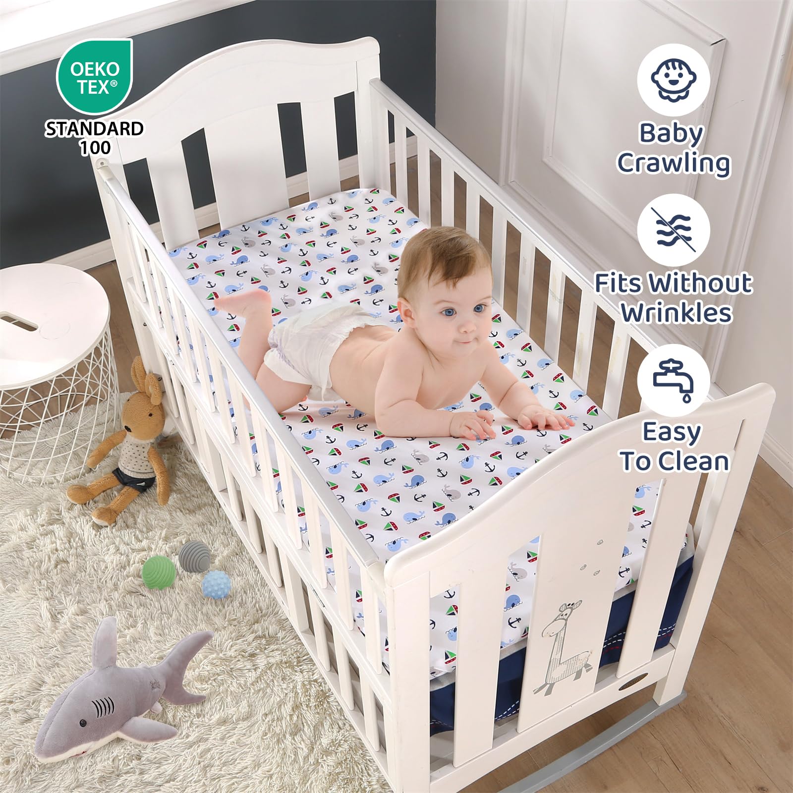 Wowelife 3-Piece Nautical Whale Crib Bedding Set - Ocean Theme Nursery Comforter, Fitted Sheet & Skirt | Soft Baby Boy Girl Bed Set for Coastal Nursery Decor