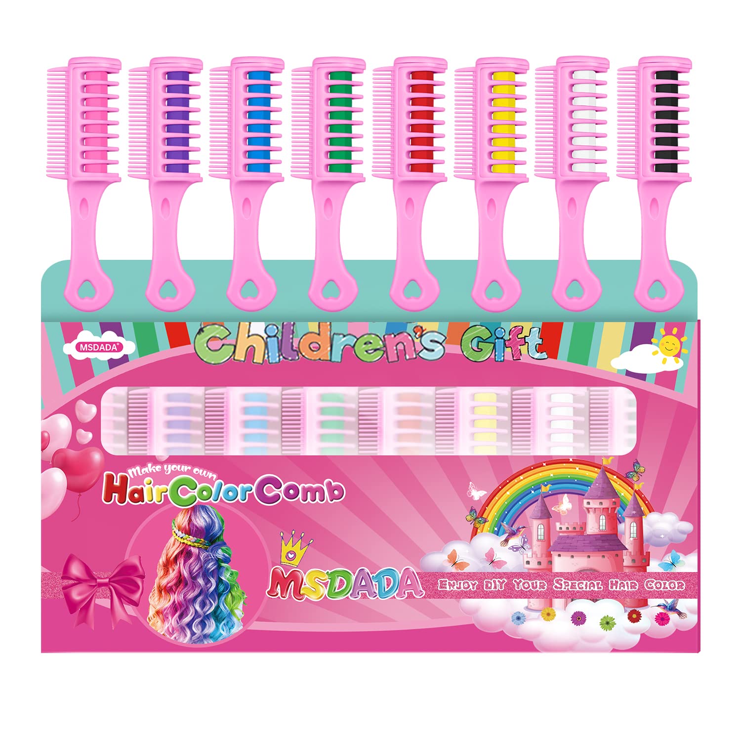 Washable Temporary Hair Color Chalk Comb for Kids & Girls - Non-Toxic Hair Dye for Ages 5-10+ (8 Colors: Pink, Purple, Blue, Green, Red, Yellow, White, Black) - Perfect for Birthday Parties, Cosplay, Halloween & Easter DIY Styling