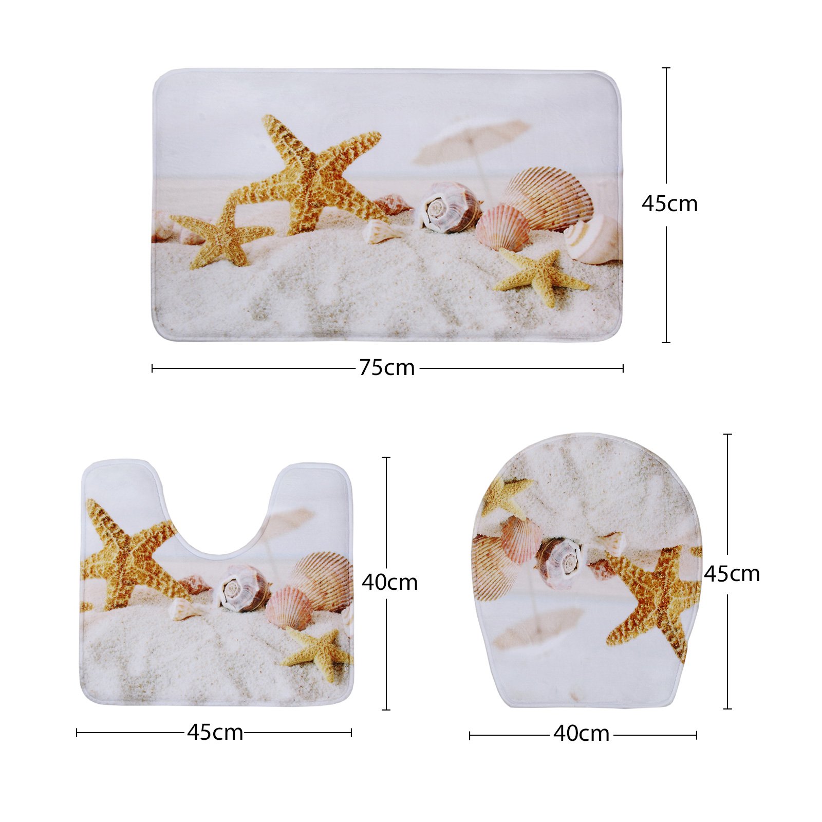 4PCS Non-Slip Yellow Starfish Seashell Shower Curtain Set with Bath Mat Rug - Coastal Ocean Beach Theme Bathroom Decor for Kids & Adults - Includes Pedestal Mat, Toilet Cover & 12 Hooks - Perfect for Beach House, Vacation Rental or Nautical Style Bathroom