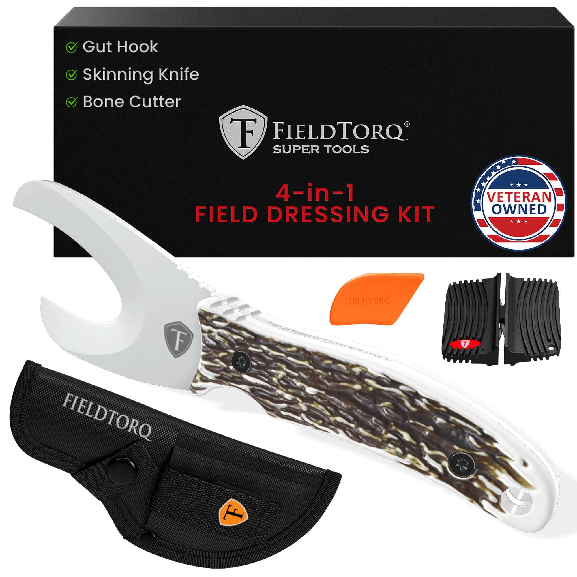 4-in-1 Hunting Field Dressing Kit with Sheath & Sharpener - Professional Skinning Knife, Gut Hook & Deer Hunting Tool Set for Outdoor Adventures, Camping & Survival Gear