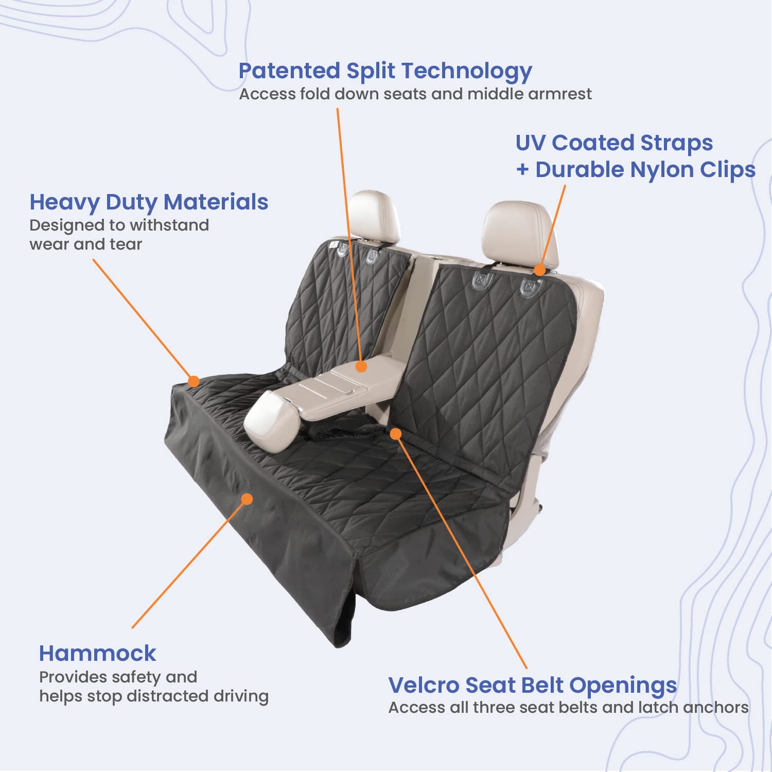 4Knines Heavy Duty Dog Seat Cover with Hammock for Cars, SUVs & Trucks - Waterproof Pet Car Seat Protector for 60/40 Split Fold Down Rear Bench & Middle Seat Belt - Black - Perfect for Road Trips & Daily Commutes - Made in USA