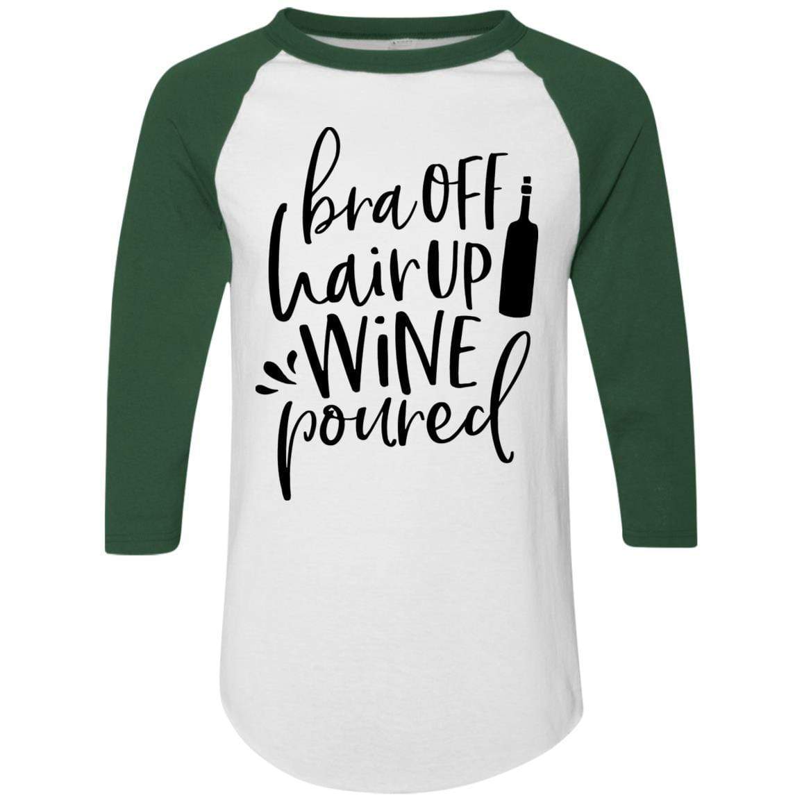 WineyBitches.Co Women's Colorblock Raglan Jersey - 'Bra Off Hair Up Wine Poured' Graphic Tee (Black Lettering) | Comfortable Casual Shirt for Wine Nights, Girls' Night Out & Relaxing at Home