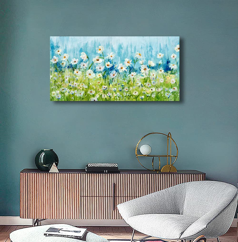 Blue Daisy Floral Canvas Wall Art - 24x48 Inch Framed Abstract Flower Painting with Green Grass Landscape - Modern Home Decor for Living Room, Bedroom, Kitchen & Office | Perfect Gift for Housewarming & Interior Design