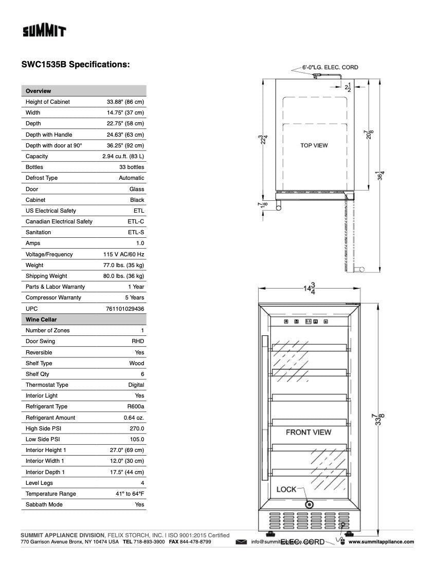 SUMMIT 15-Inch Built-In 33 Bottle Wine Cooler Refrigerator (SWC1535B) - Perfect for Kitchen, Dining Room, or Home Bar Wine Storage