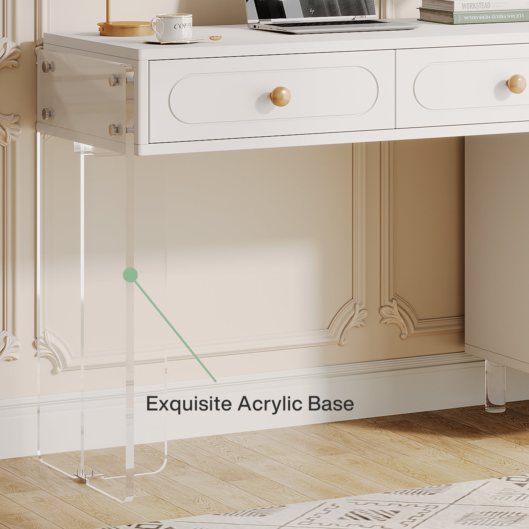 5 Drawer Computer Desk with Transparent Acrylic Base and Legs - Modern Home Office Desk for Work & Study, Perfect for Small Spaces & Gaming Setup