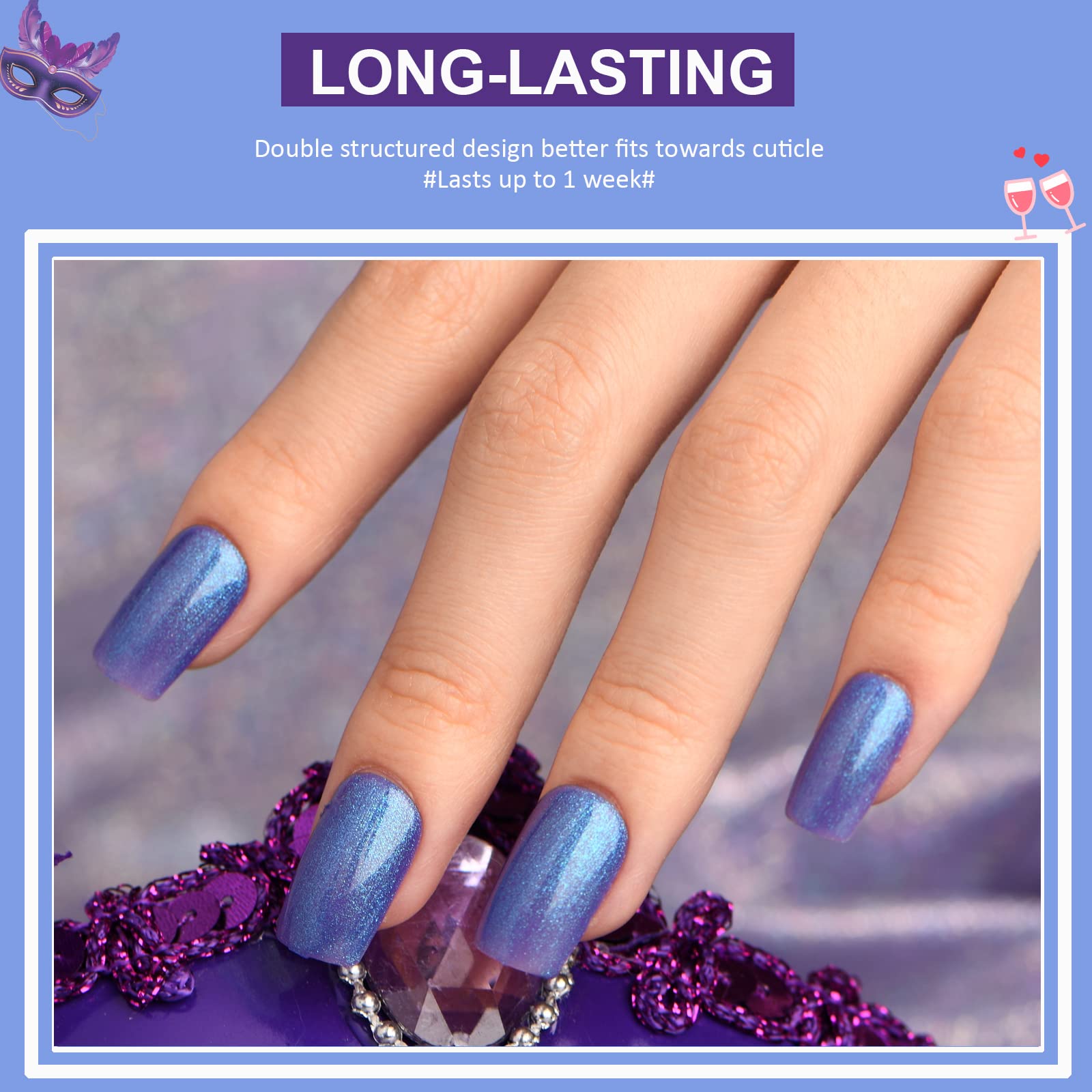 **Blue Shimmer Gothic Halloween Press on Nails - Square Shape Fake Nails with Glitter Design, Handmade Gel Medium Glue on Nails for Women, Reusable Acrylic False Nail Kits, Full Cover Stick on Nails - Perfect for Halloween Parties, Cosplay & Gothic Fashion**