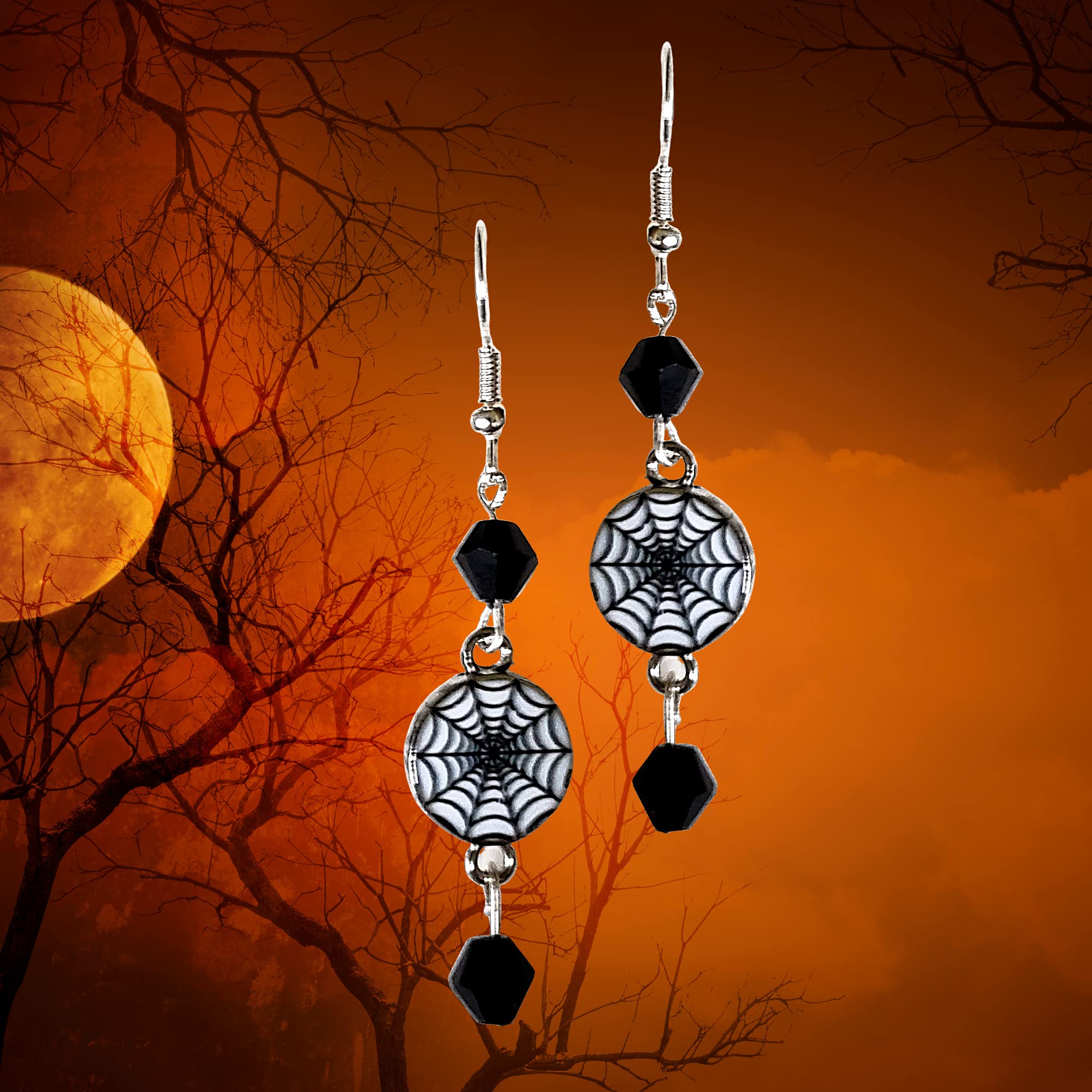 Spider Web Halloween Earrings - White Spider & Black Crystal Kawaii Earrings for Women - Perfect Halloween Party Accessories & Birthday Gift for Girls