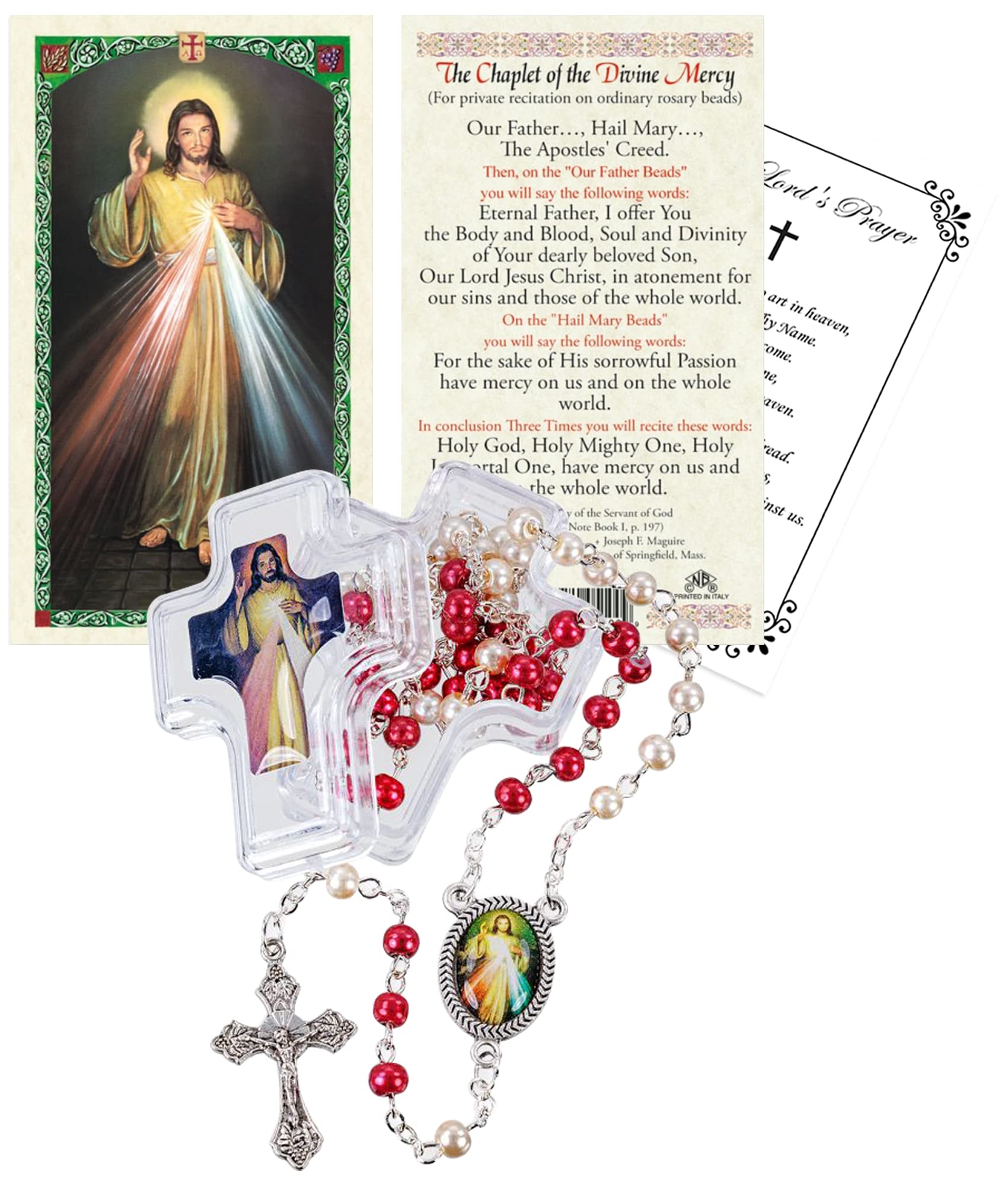 Divine Mercy Chaplet Rosary Set - Catholic Prayer Beads with Red & White Beads, Jesus Christ Crucifix, Prayer Cards & Storage Case | Perfect for Daily Devotion, First Communion Gifts & Catholic Home Decor