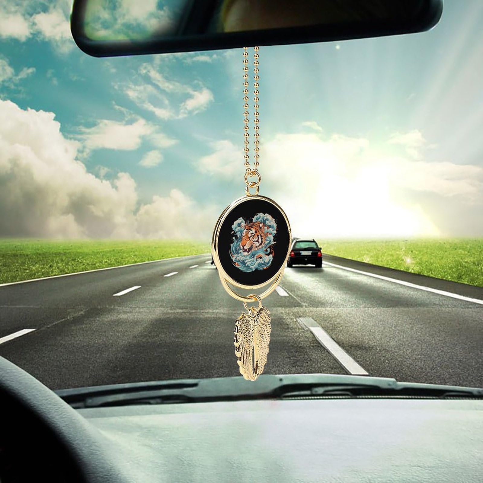 Japanese Tiger Head Wave Car Hanging Ornament - Rearview Mirror Swing Decor with Angel Wings, Lucky Charm Gift for Safe Travel & Vehicle Protection (Perfect for Cars, Trucks, SUVs & Home Decor)