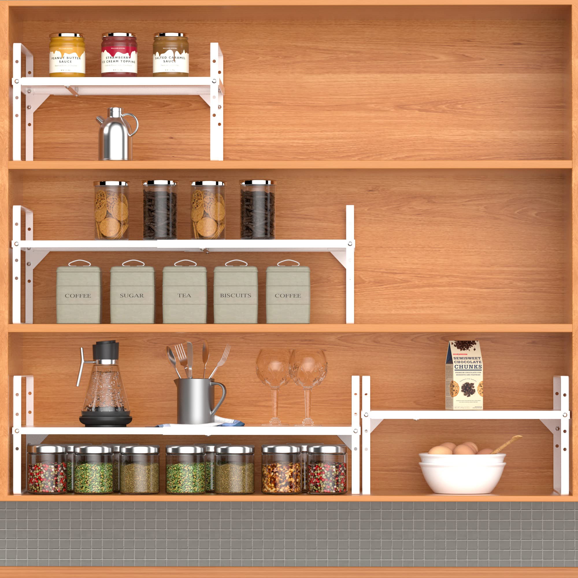 Expandable Kitchen Cabinet Shelf Organizers 2 Pack - Stackable Metal Pantry Storage Rack, Adjustable Counter Shelf for Cabinets & Countertops - Space Saving Cupboard Organizers for Spices, Cans & Kitchen Supplies (White) - Perfect for Small Kitchens & Pantry Organization