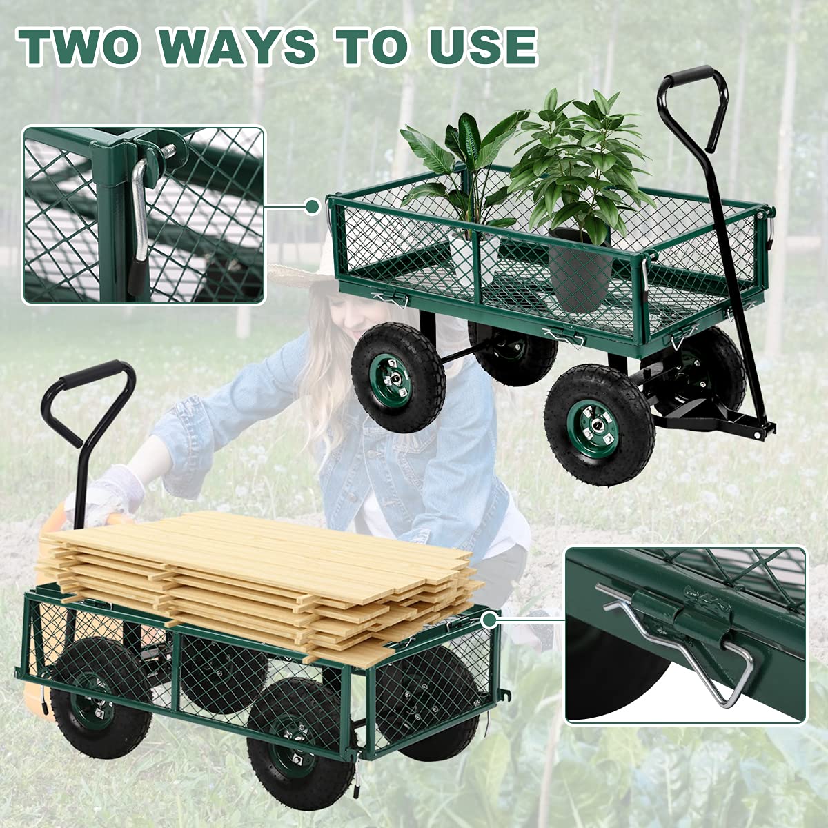 Heavy Duty Folding Garden Cart with Mesh Steel Frame & 11