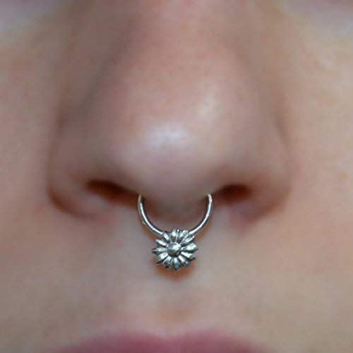 18G Silver Flower Septum Ring - Nose Ring, Helix & Rook Earring, Nipple & Cartilage Piercing Jewelry for Women | Perfect for Parties, Festivals & Everyday Wear