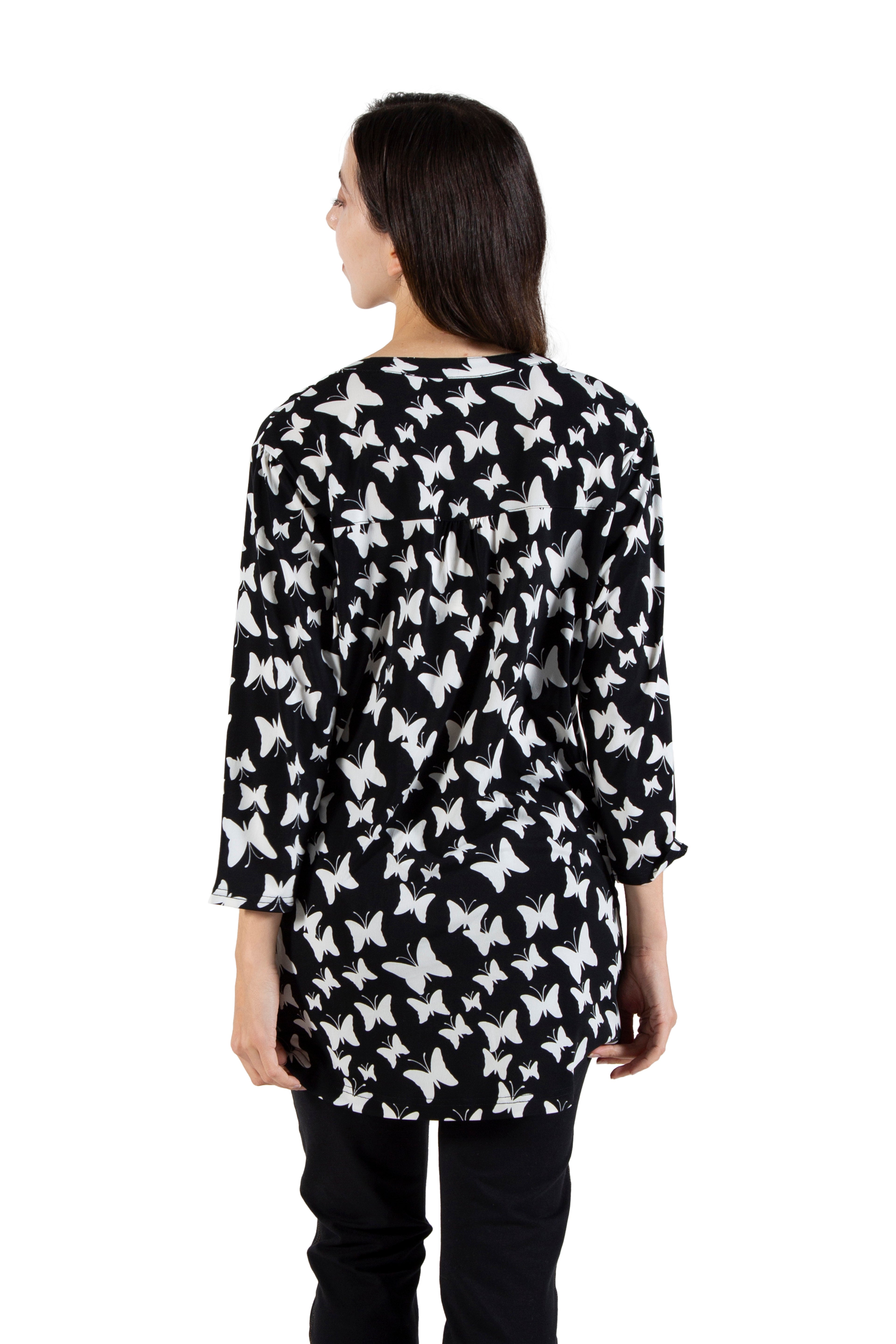 La Cera Plus Butterfly Print Pleat Front Tunic Top - Women's Flowy Blouse for Casual Wear, Office & Spring Outfits