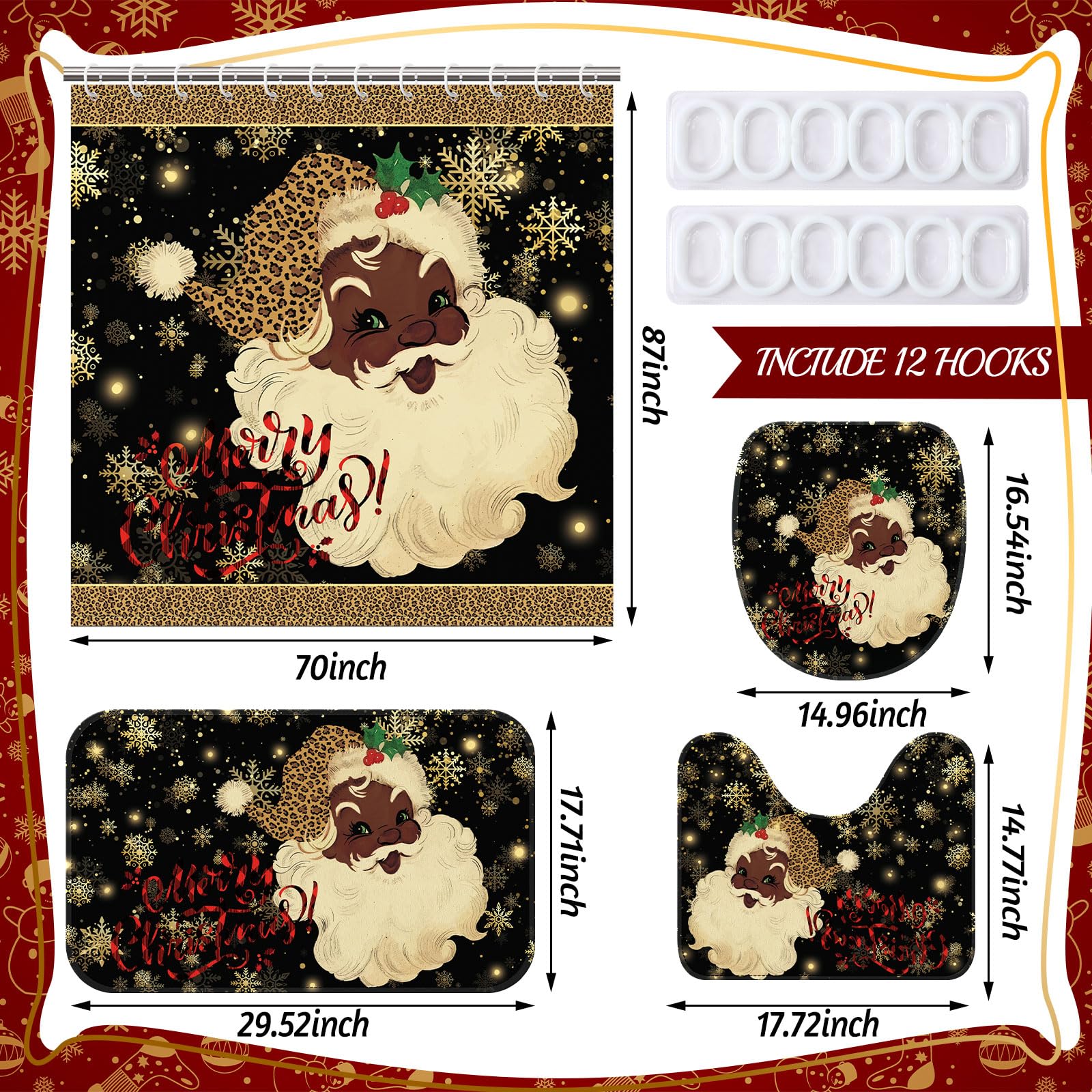 4-Piece Black Afro Santa Christmas Shower Curtain Set with Non-Slip Bath Mat, Toilet Cover & 12 Hooks - Festive Holiday Bathroom Decor for Xmas, Kwanzaa & Winter Celebrations