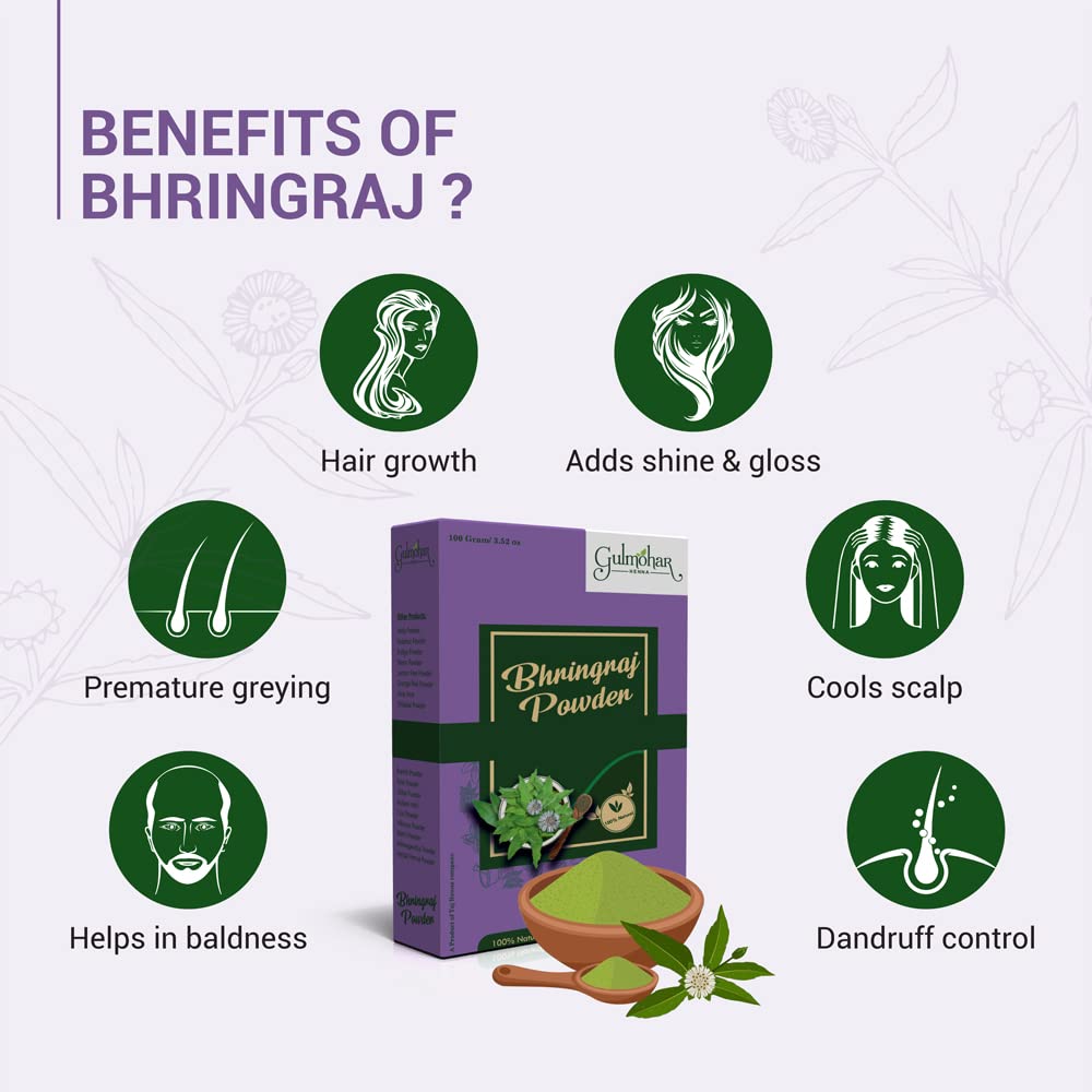 Gulmohar 100% Natural Bhringraj Powder for Hair Growth & Care - 100g | Ayurvedic Herbal Treatment for Thicker, Longer Hair | Promotes Scalp Health & Reduces Hair Fall - Perfect for DIY Hair Masks & Natural Hair Care Routines