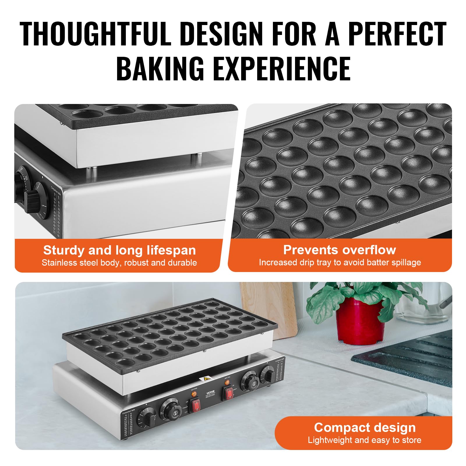 VEVOR 110V Mini Dutch Pancake Maker Machine - 1700W Commercial Electric Nonstick Waffle Baker with 50PCS 1.8 Inch Molds, Dual Thermostats & Independent Timers - Perfect for Home Kitchens, Cafes, and Breakfast Restaurants