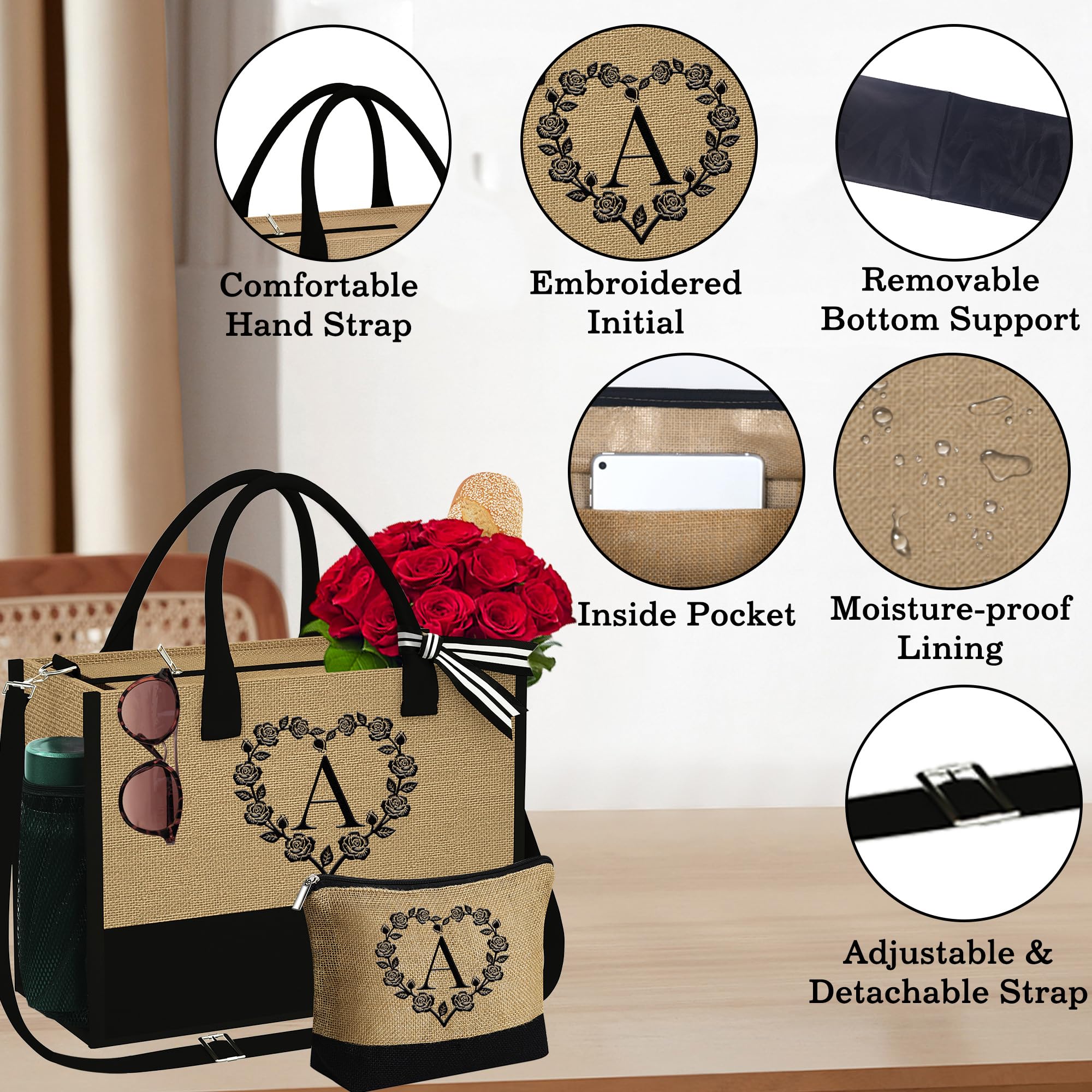 Personalized Initial Beach Tote Bag & Makeup Bag Set - Custom Monogrammed Gift for Women, Teachers, Moms & Friends - Perfect Birthday, Mother's Day & Beach Day Accessories