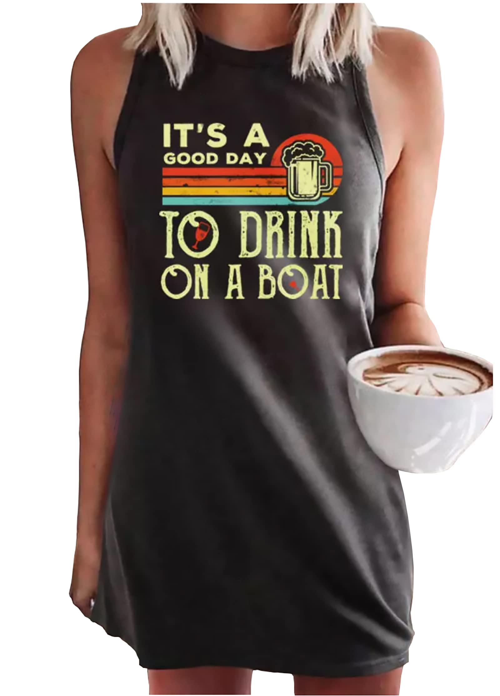 Funny Drinking Boat Tank Mini Dress for Women - Sleeveless Party Vacation Shirt & Short Dress - Perfect for Beach Outings, Boat Parties, and Summer Festivals