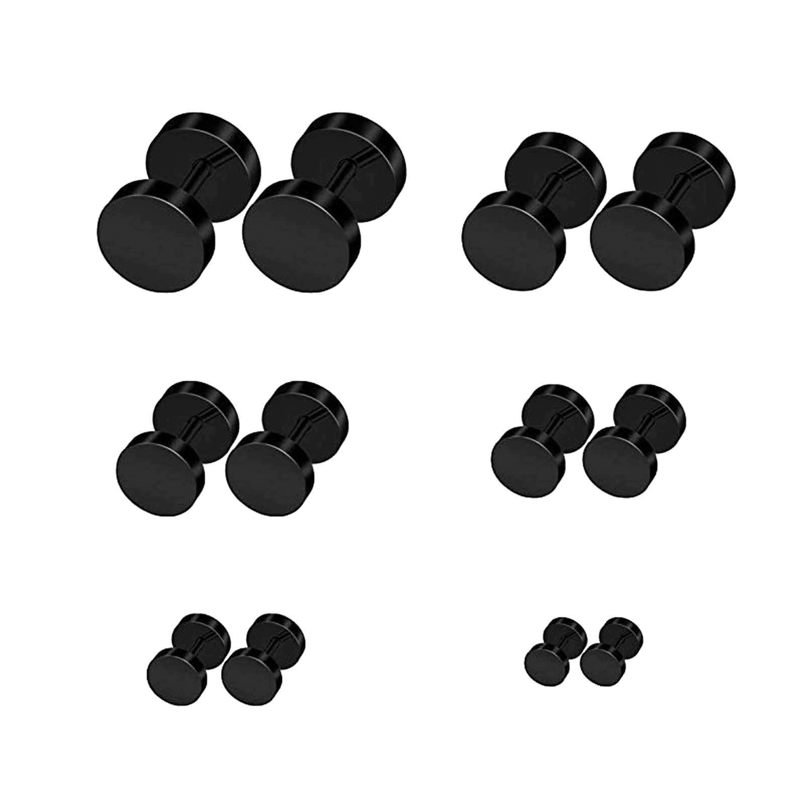 5-10mm Fake Black Steel Earrings for Men & Women - 6PCS Stainless Steel Stud Earrings with Glitter - Perfect for Plug Earrings, Daily Wear & Punk Style Accessories