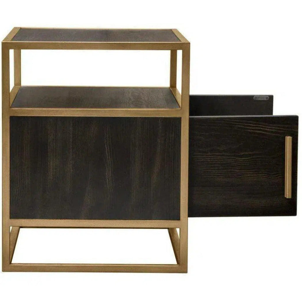 Dark Brown 2-Door End Table with Gold Metal Frame - Perfect for Living Room, Bedroom, or Office Side Table