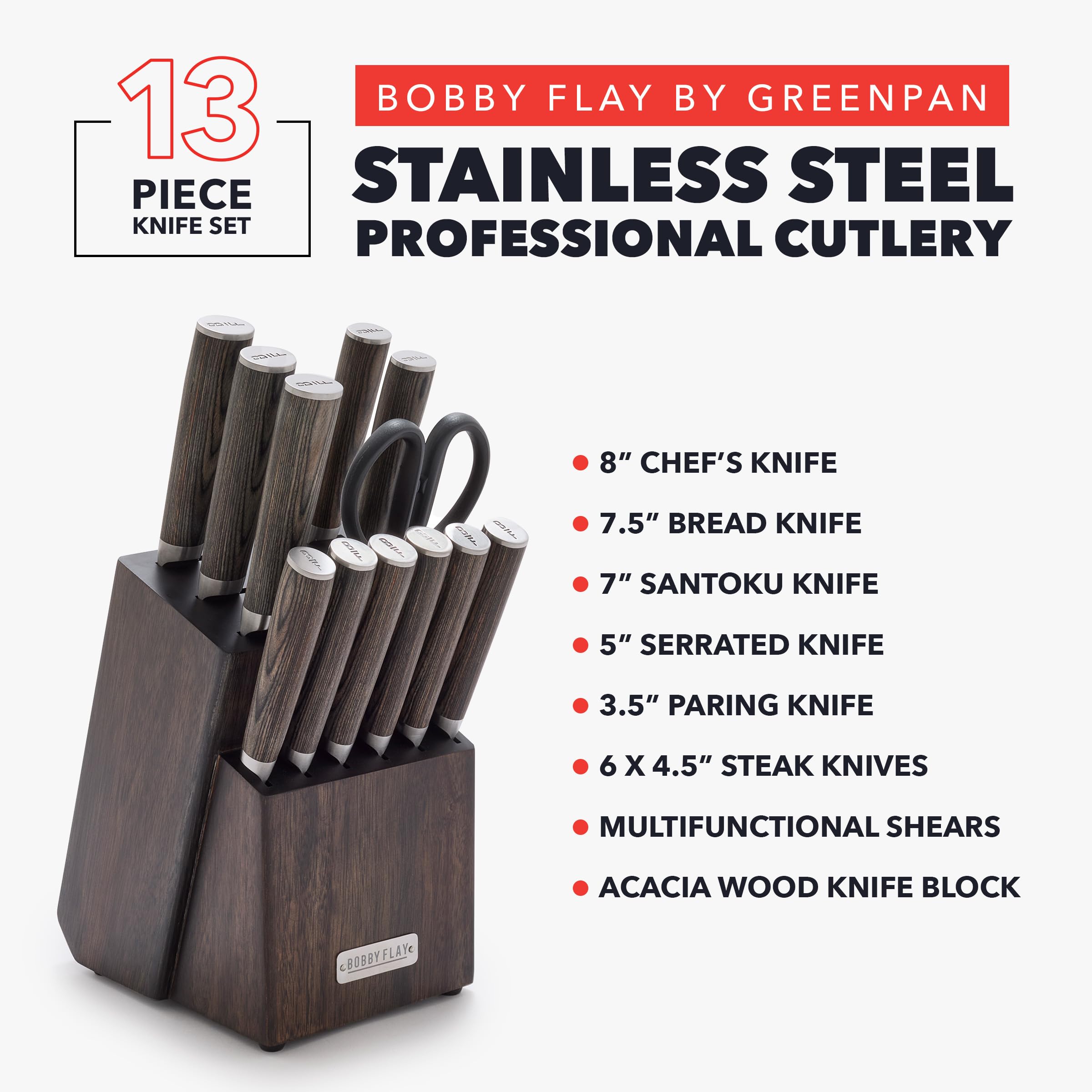 GreenPan x Bobby Flay 13-Piece Stainless Steel Knife Set with Acacia Wood Block - Premium Damascus Steel Kitchen Knives for Professional Chefs & Home Cooking - Perfect for Slicing, Dicing, and Food Prep
