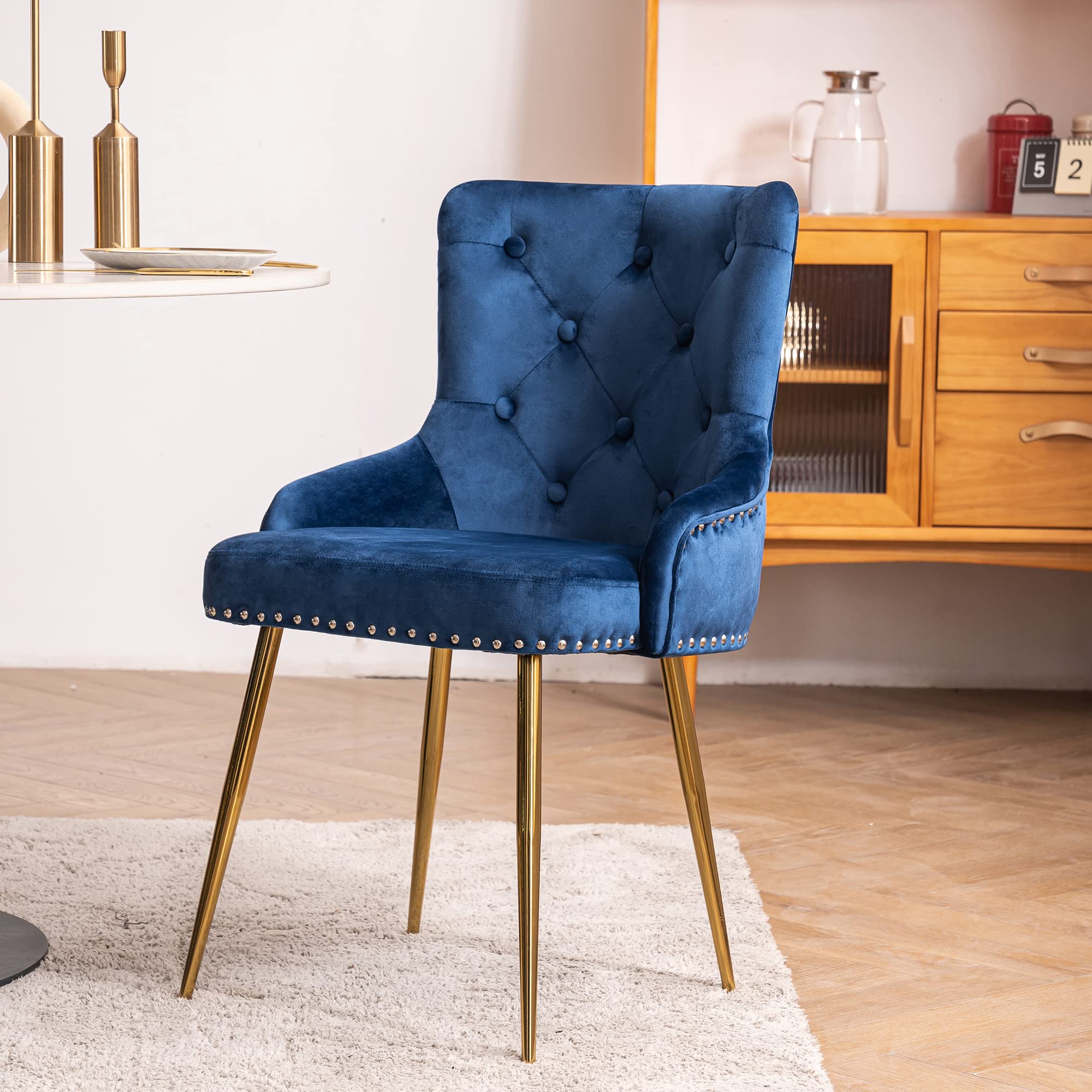 Velvet Tufted Dining Chairs with Gold Metal Legs - Modern Kitchen Side Chairs for Dining Room & Breakfast Nook (Blue, Set of 1) | Perfect for Small Spaces & Home Decor