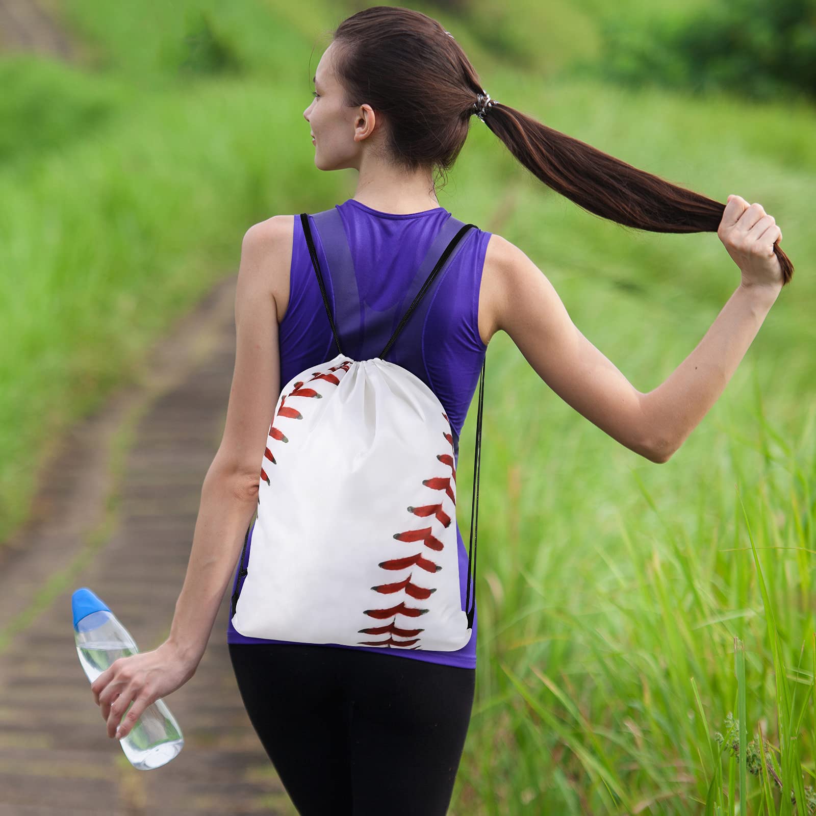 8-Piece White Baseball Pattern Drawstring Party Favor Bags - Sports Gym Backpack Pouches for Kids Birthday Favors, Team Events & School Activities
