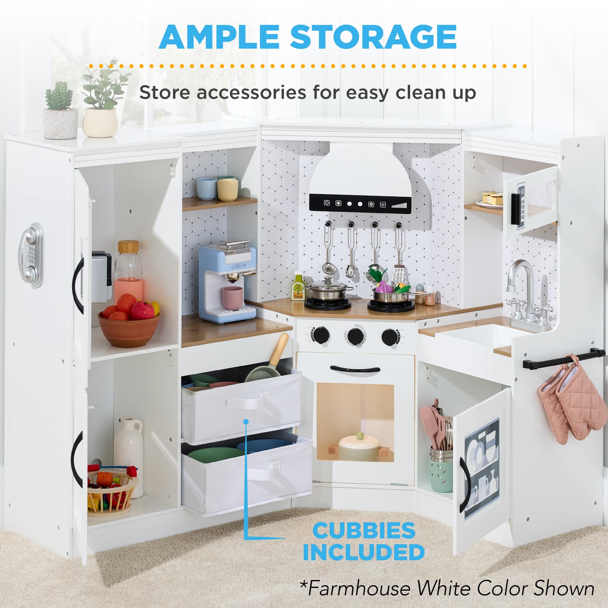 Best Choice Products Pretend Play Corner Kitchen Set - Interactive Wooden Kids Playset with Lights, Sounds, Ice Maker & Hood - White - Perfect for Toddler Role Play, Preschool Learning & Birthday Gifts